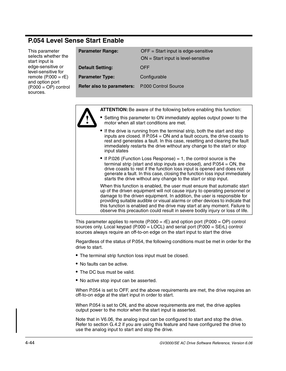 P.054 level sense start enable | Rockwell Automation GV3000/SE AC Gen. Purpose and Vector Drive Software Start-Up and Ref. Manual User Manual | Page 130 / 232