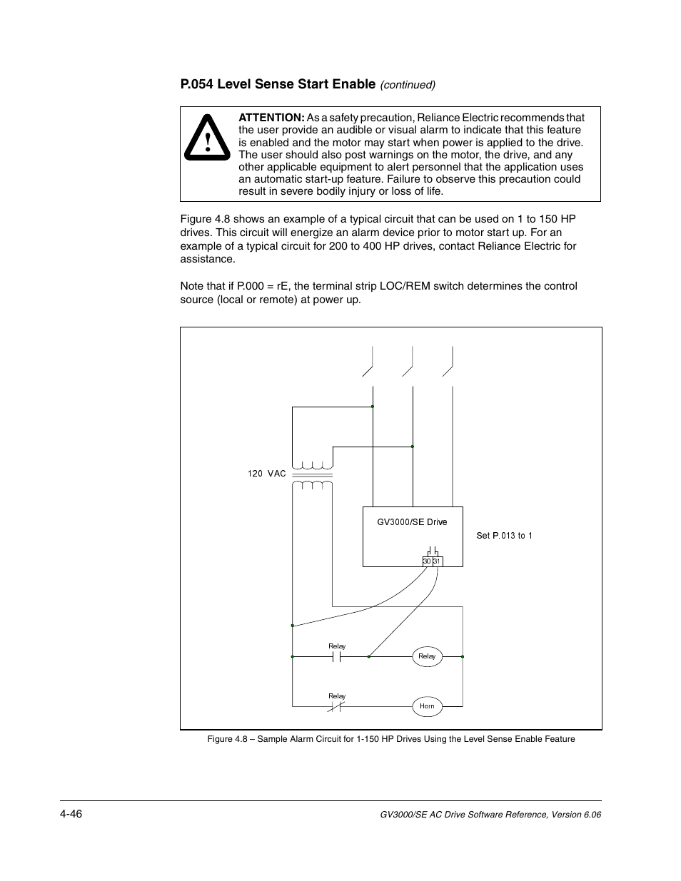 P.054 level sense start enable | Rockwell Automation GV3000/SE AC Gen. Purpose and Vector Drive Software Start-Up and Ref. Manual User Manual | Page 132 / 232