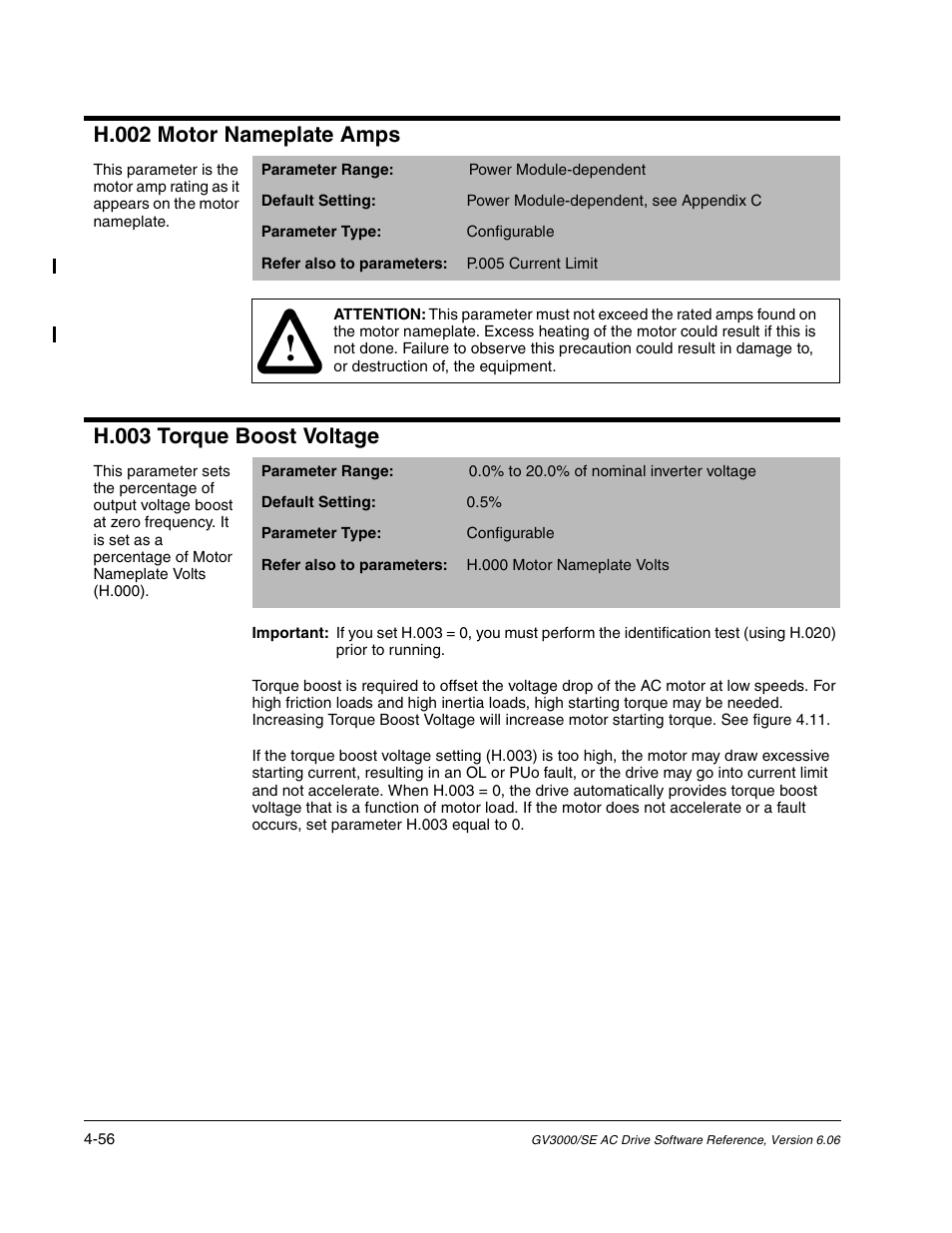 H.002 motor nameplate amps, H.003 torque boost voltage | Rockwell Automation GV3000/SE AC Gen. Purpose and Vector Drive Software Start-Up and Ref. Manual User Manual | Page 142 / 232