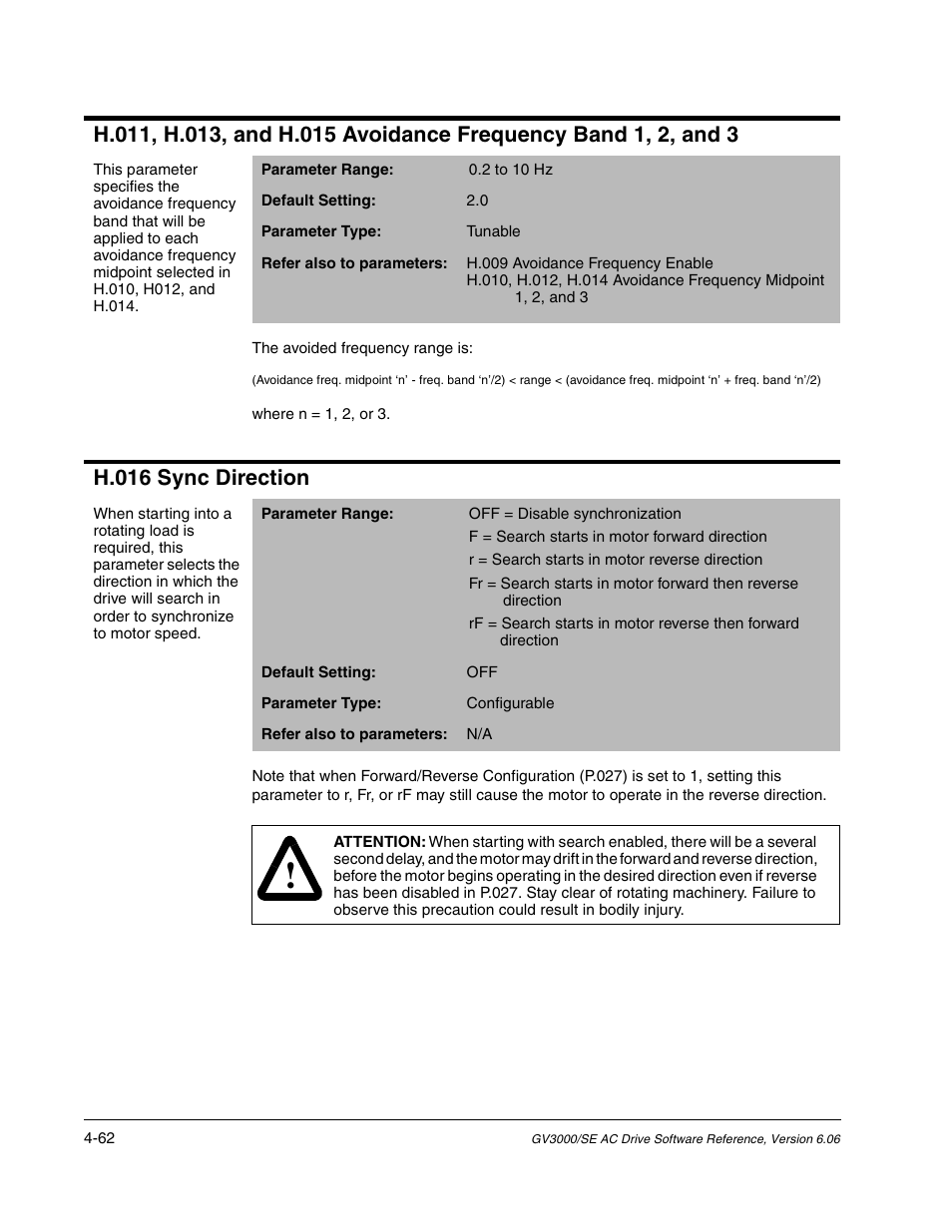 H.016 sync direction | Rockwell Automation GV3000/SE AC Gen. Purpose and Vector Drive Software Start-Up and Ref. Manual User Manual | Page 148 / 232