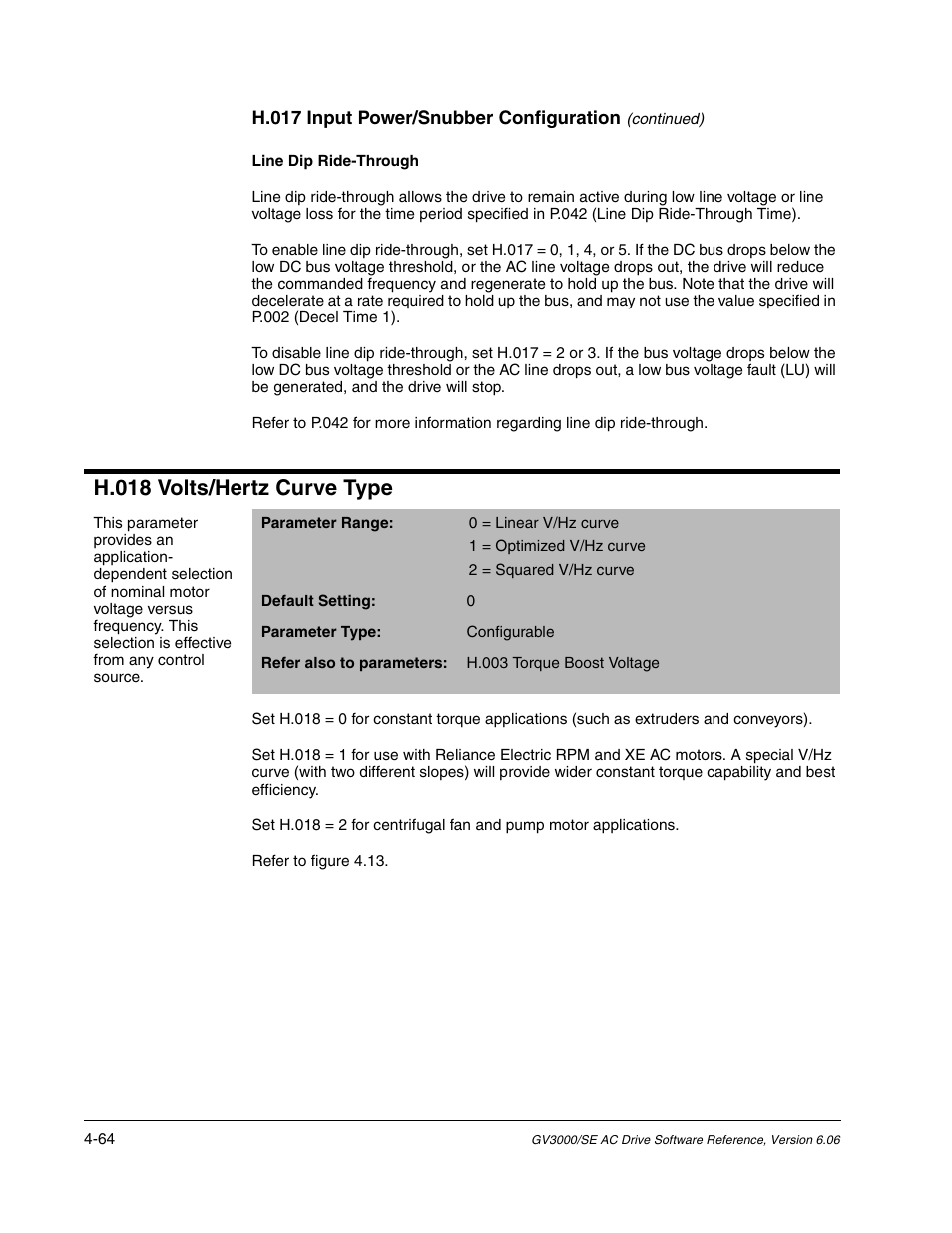 H.018 volts/hertz curve type | Rockwell Automation GV3000/SE AC Gen. Purpose and Vector Drive Software Start-Up and Ref. Manual User Manual | Page 150 / 232