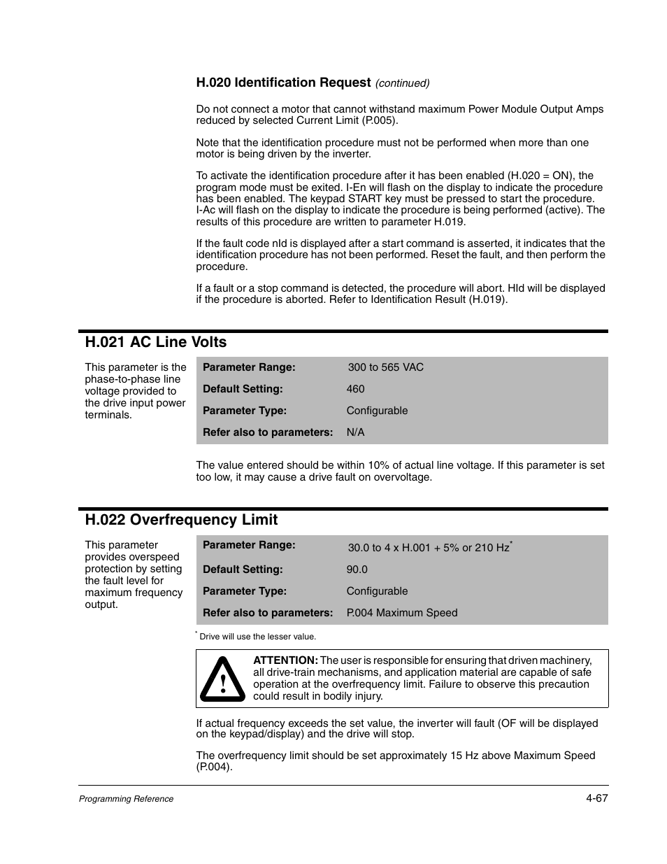 H.021 ac line volts, H.022 overfrequency limit | Rockwell Automation GV3000/SE AC Gen. Purpose and Vector Drive Software Start-Up and Ref. Manual User Manual | Page 153 / 232