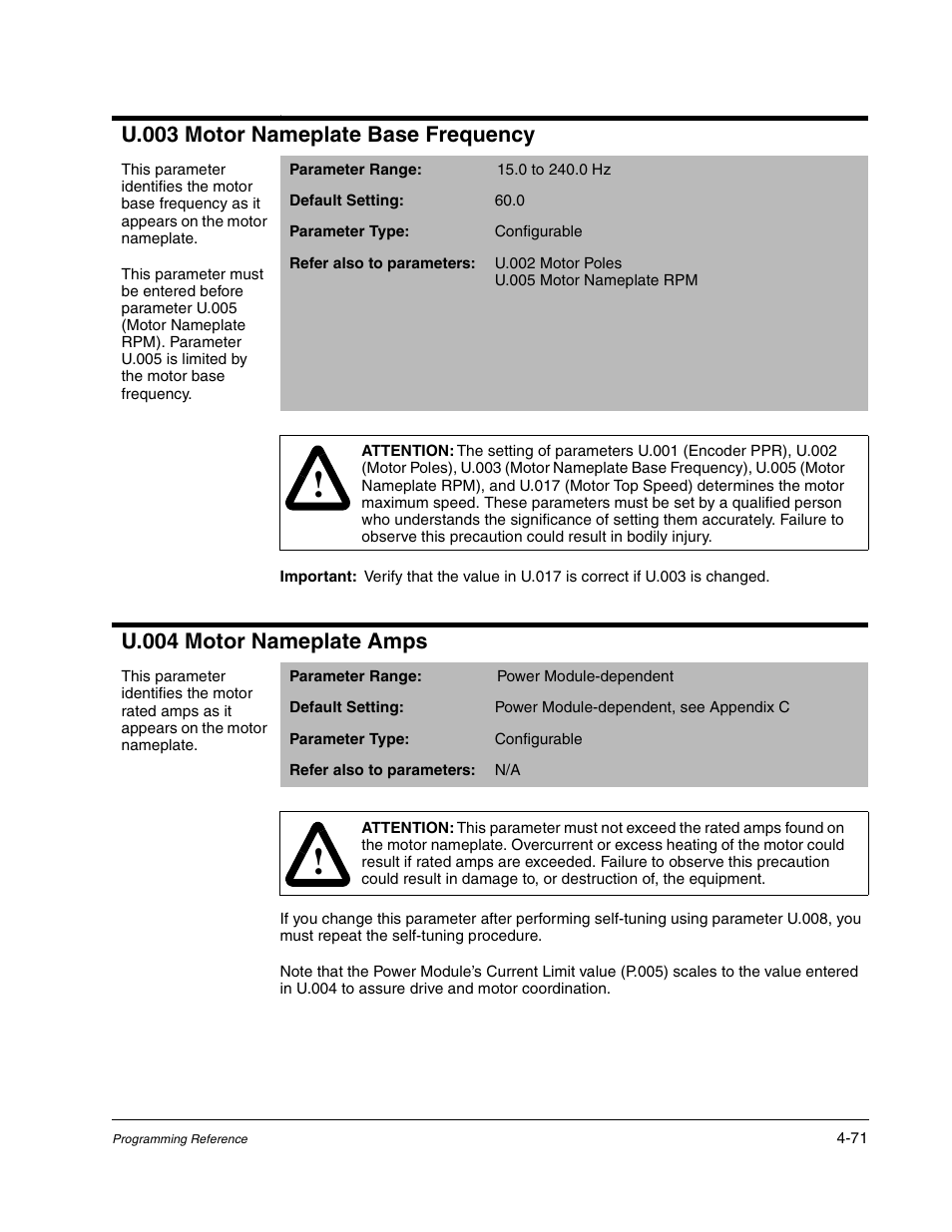 U.003 motor nameplate base frequency, U.004 motor nameplate amps | Rockwell Automation GV3000/SE AC Gen. Purpose and Vector Drive Software Start-Up and Ref. Manual User Manual | Page 157 / 232