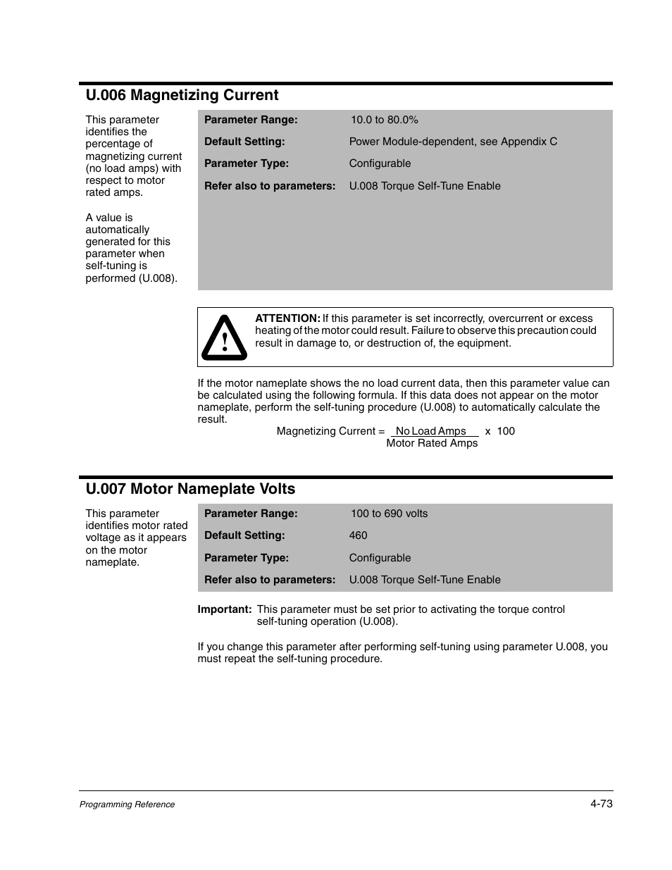 U.006 magnetizing current, U.007 motor nameplate volts | Rockwell Automation GV3000/SE AC Gen. Purpose and Vector Drive Software Start-Up and Ref. Manual User Manual | Page 159 / 232