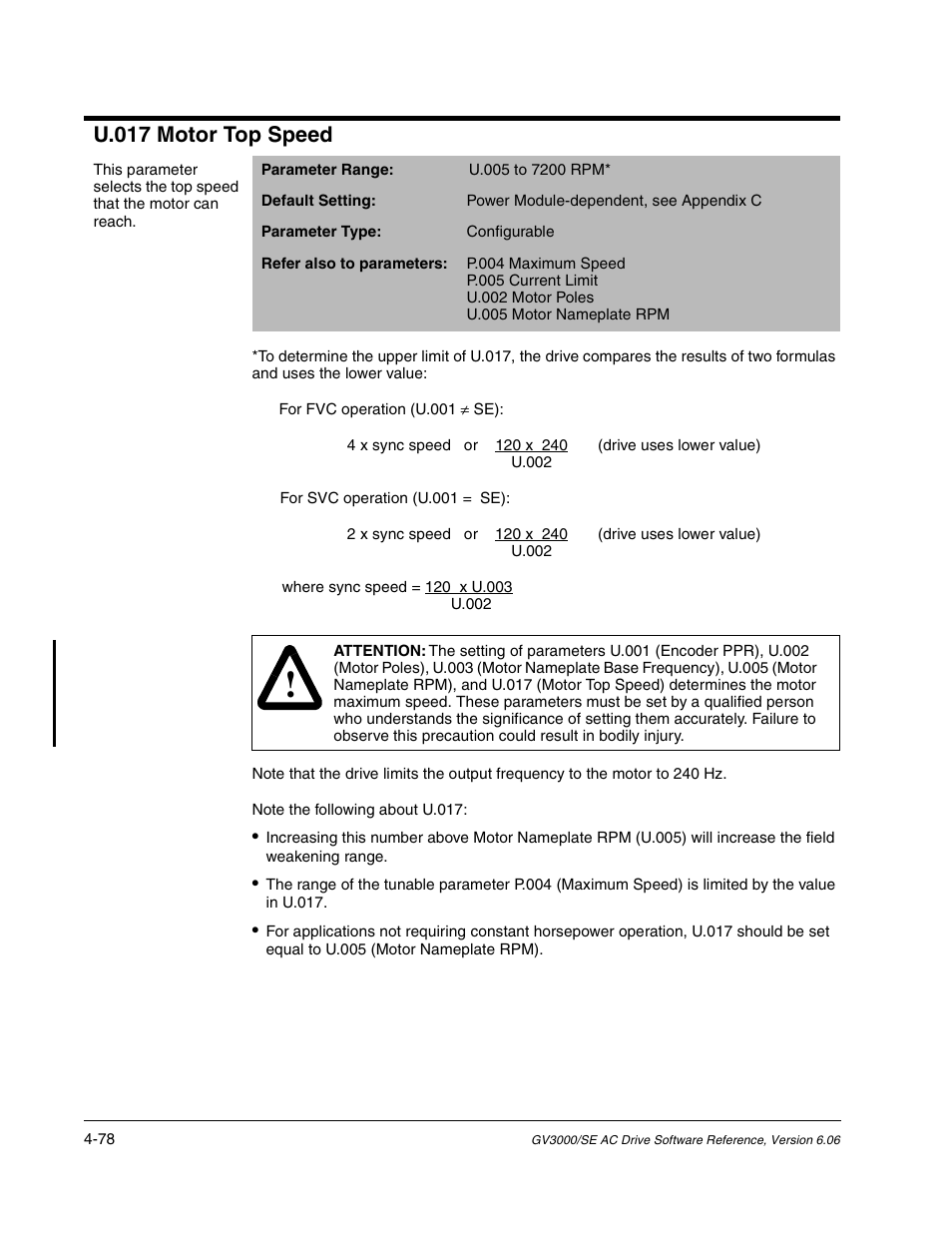 U.017 motor top speed | Rockwell Automation GV3000/SE AC Gen. Purpose and Vector Drive Software Start-Up and Ref. Manual User Manual | Page 164 / 232