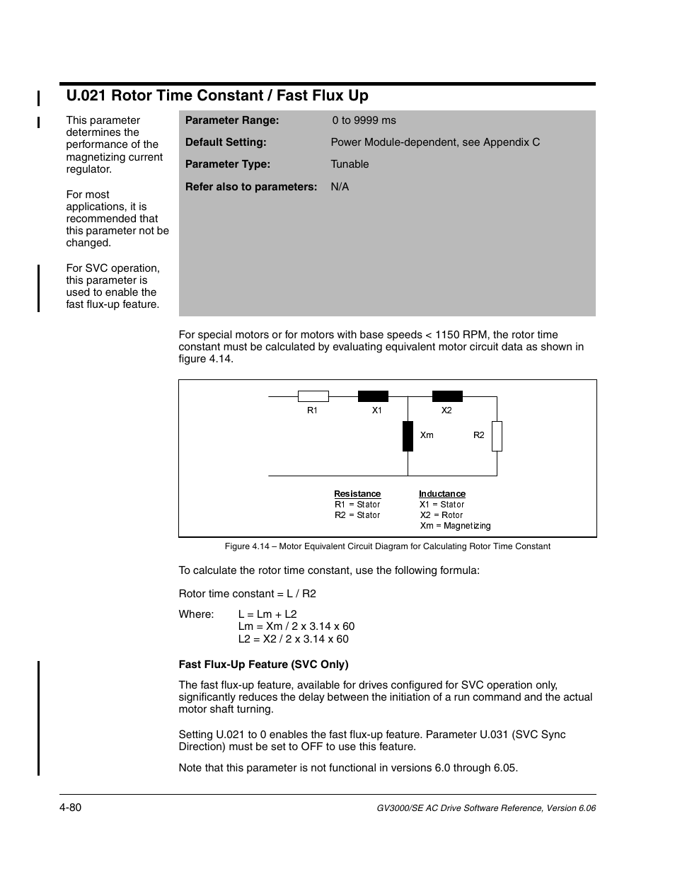 U.021 rotor time constant / fast flux up | Rockwell Automation GV3000/SE AC Gen. Purpose and Vector Drive Software Start-Up and Ref. Manual User Manual | Page 166 / 232