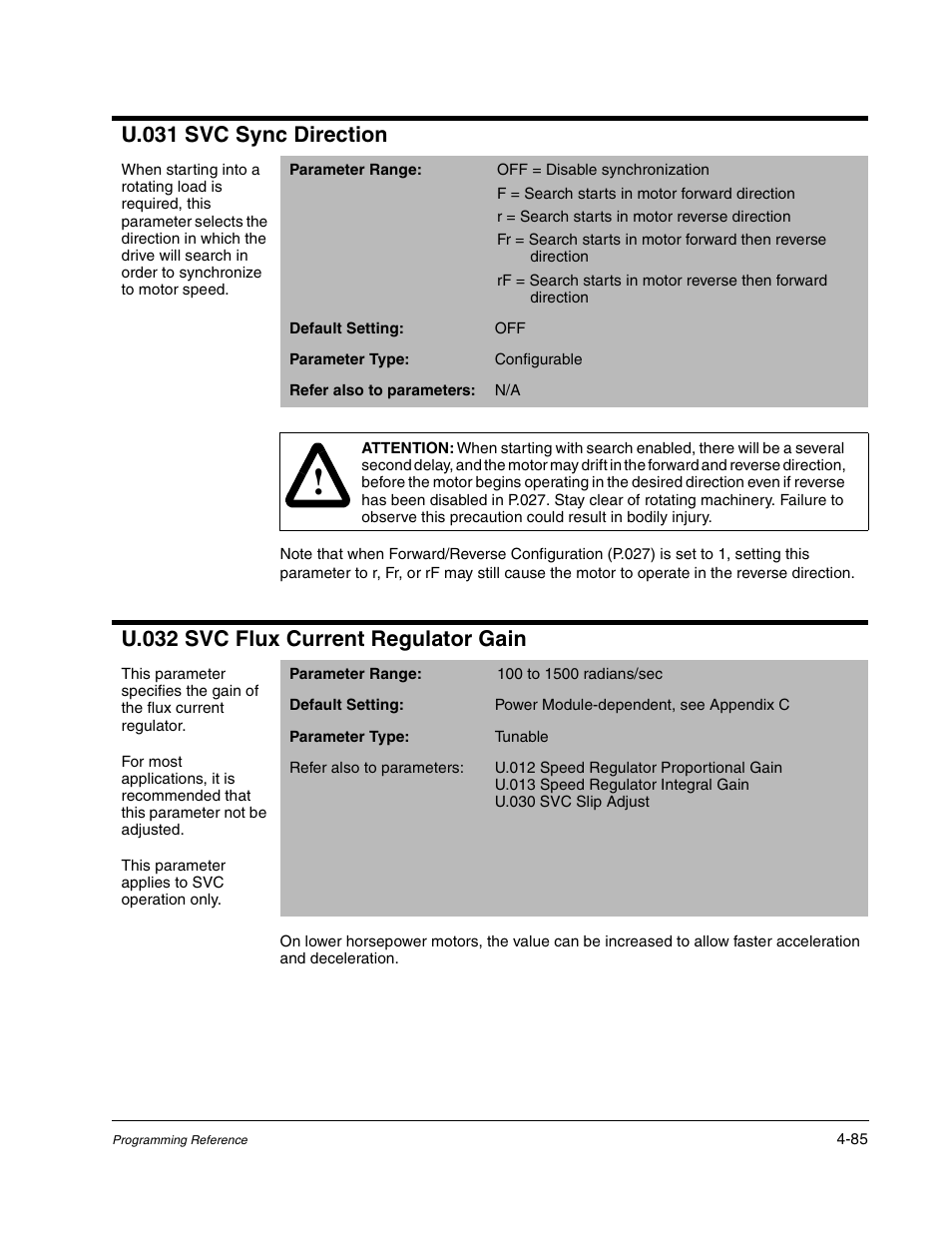 U.031 svc sync direction, U.032 svc flux current regulator gain | Rockwell Automation GV3000/SE AC Gen. Purpose and Vector Drive Software Start-Up and Ref. Manual User Manual | Page 171 / 232