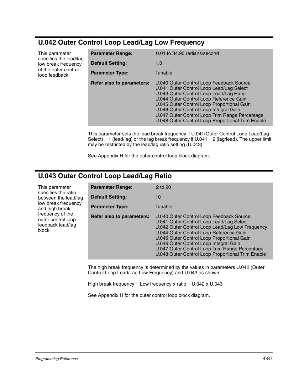 U.042 outer control loop lead/lag low frequency, U.043 outer control loop lead/lag ratio | Rockwell Automation GV3000/SE AC Gen. Purpose and Vector Drive Software Start-Up and Ref. Manual User Manual | Page 173 / 232