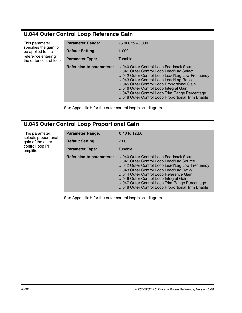 U.044 outer control loop reference gain, U.045 outer control loop proportional gain | Rockwell Automation GV3000/SE AC Gen. Purpose and Vector Drive Software Start-Up and Ref. Manual User Manual | Page 174 / 232