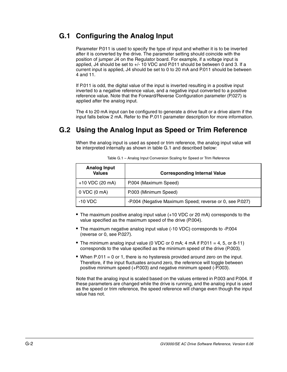 Configuring the analog input, Using the analog input as speed or trim reference, G.1 configuring the analog input | Rockwell Automation GV3000/SE AC Gen. Purpose and Vector Drive Software Start-Up and Ref. Manual User Manual | Page 212 / 232