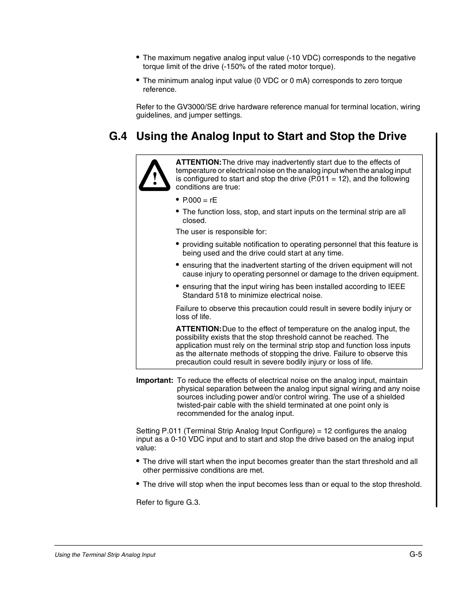 Using the analog input to start and stop the drive | Rockwell Automation GV3000/SE AC Gen. Purpose and Vector Drive Software Start-Up and Ref. Manual User Manual | Page 215 / 232
