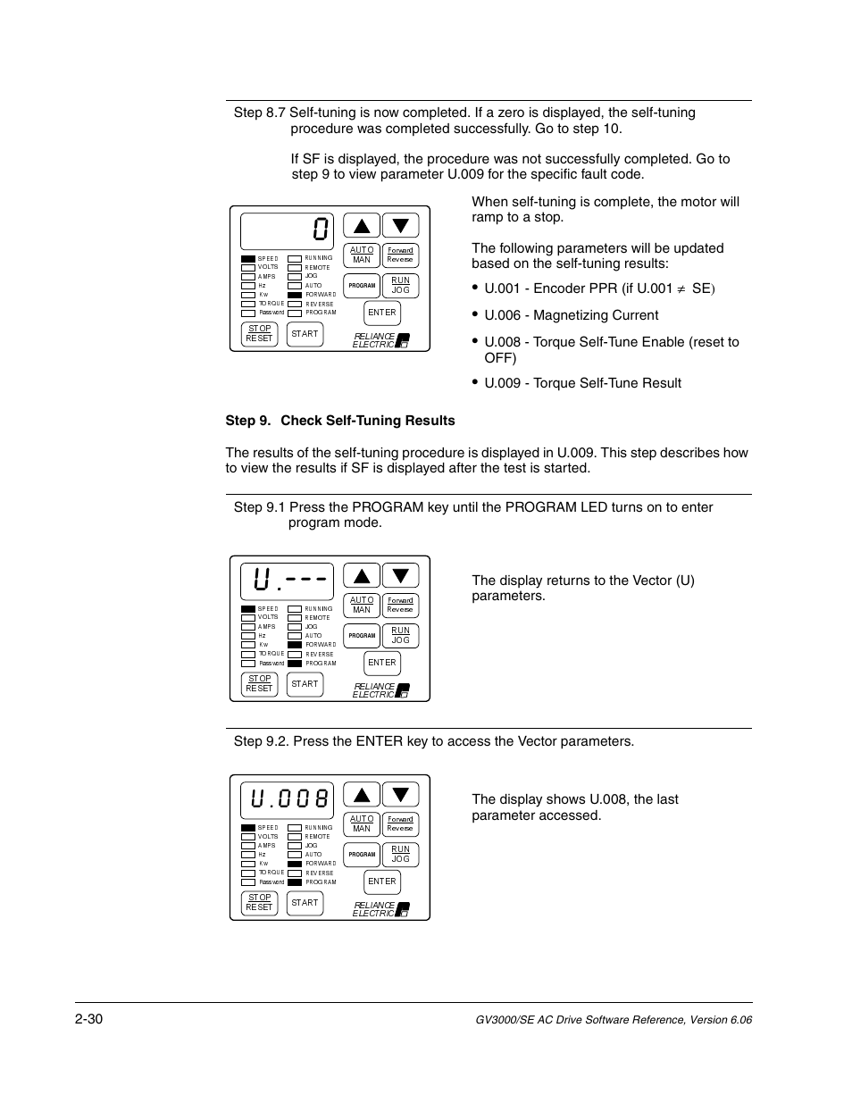 U.006 - magnetizing current, U.008 - torque self-tune enable (reset to off) | Rockwell Automation GV3000/SE AC Gen. Purpose and Vector Drive Software Start-Up and Ref. Manual User Manual | Page 68 / 232