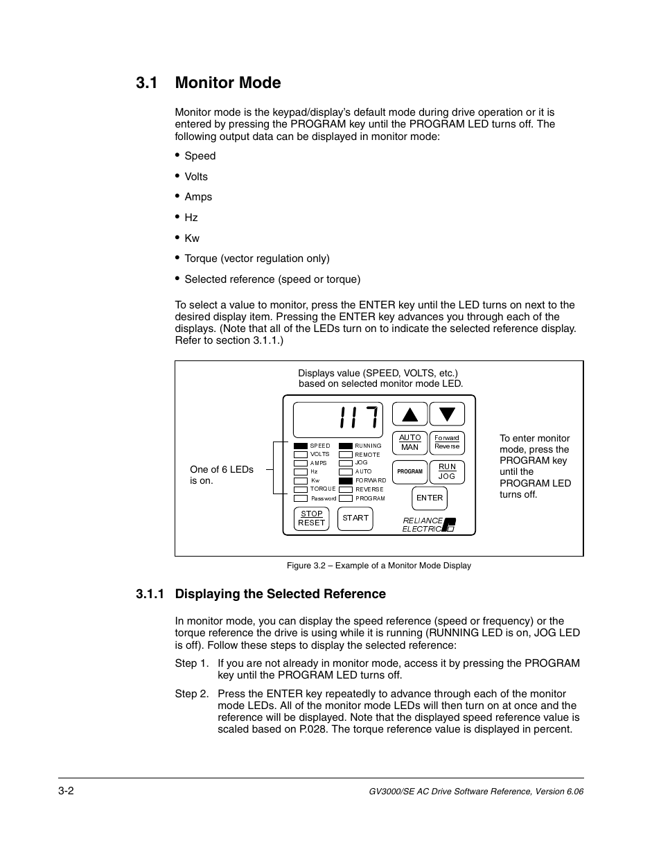 Monitor mode, 1 monitor mode, 1 displaying the selected reference | Rockwell Automation GV3000/SE AC Gen. Purpose and Vector Drive Software Start-Up and Ref. Manual User Manual | Page 78 / 232