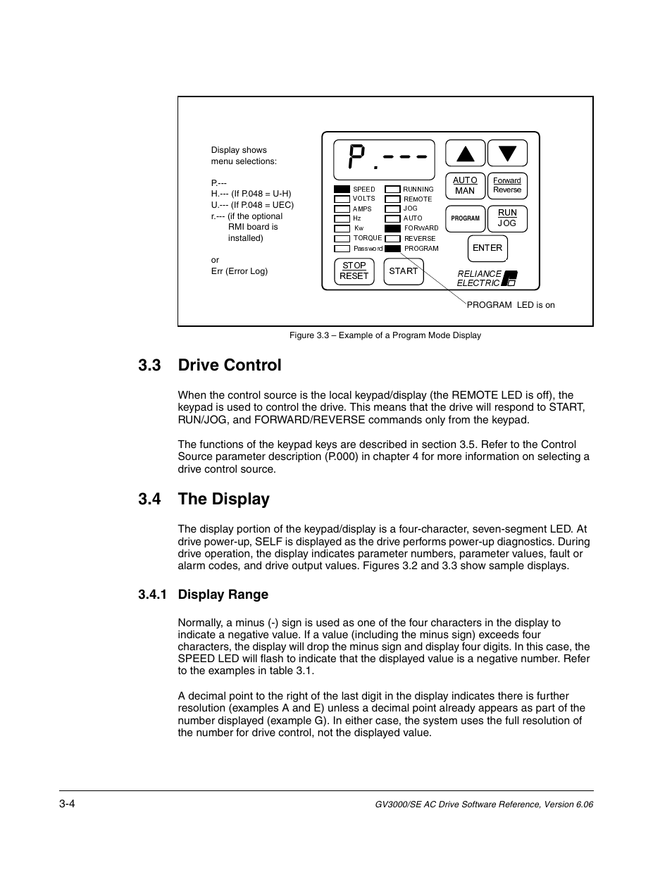 Drive control, The display, 3 drive control | 4 the display, 1 display range | Rockwell Automation GV3000/SE AC Gen. Purpose and Vector Drive Software Start-Up and Ref. Manual User Manual | Page 80 / 232
