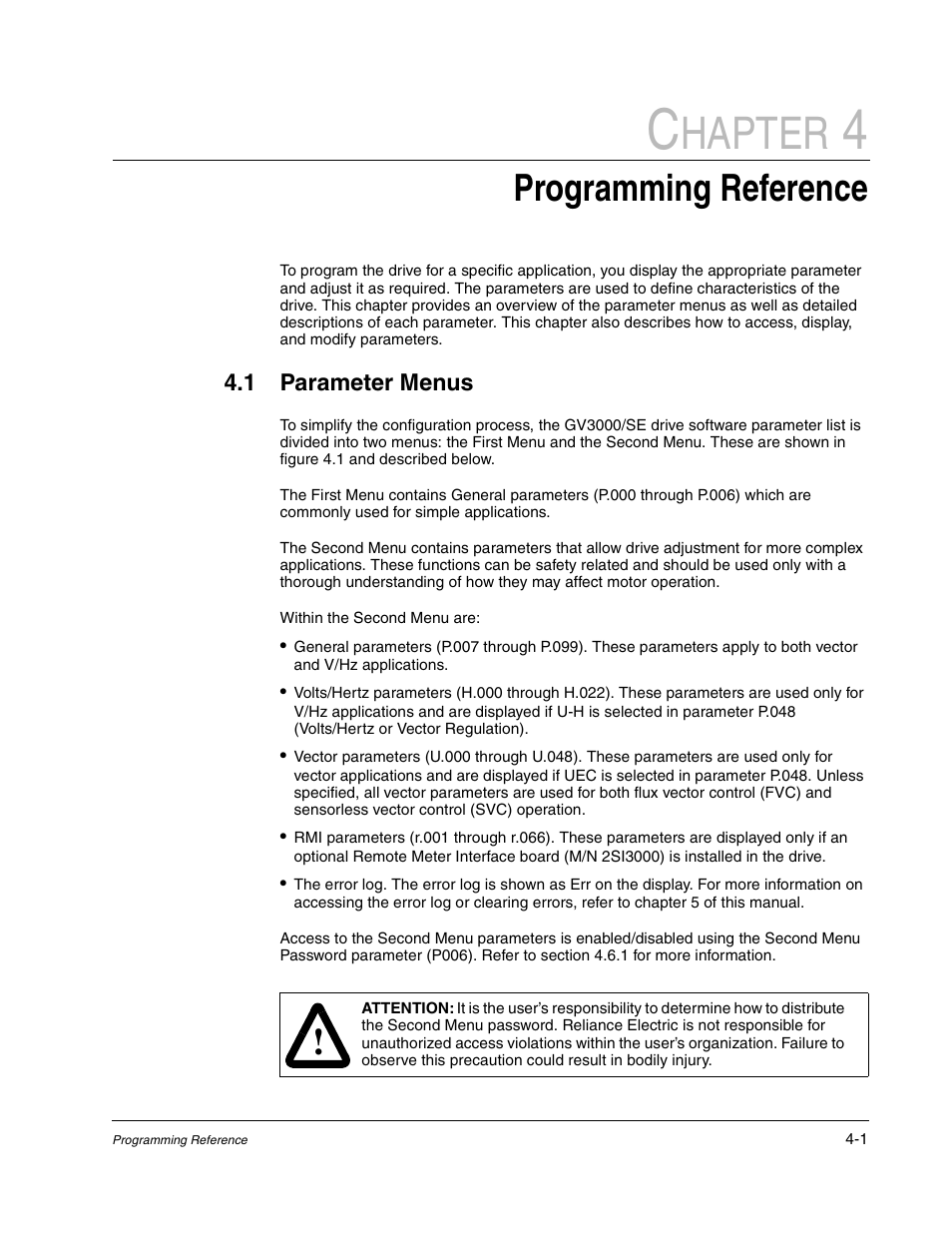 4 - programming reference, Parameter menus, Hapter | Programming reference, 1 parameter menus | Rockwell Automation GV3000/SE AC Gen. Purpose and Vector Drive Software Start-Up and Ref. Manual User Manual | Page 87 / 232