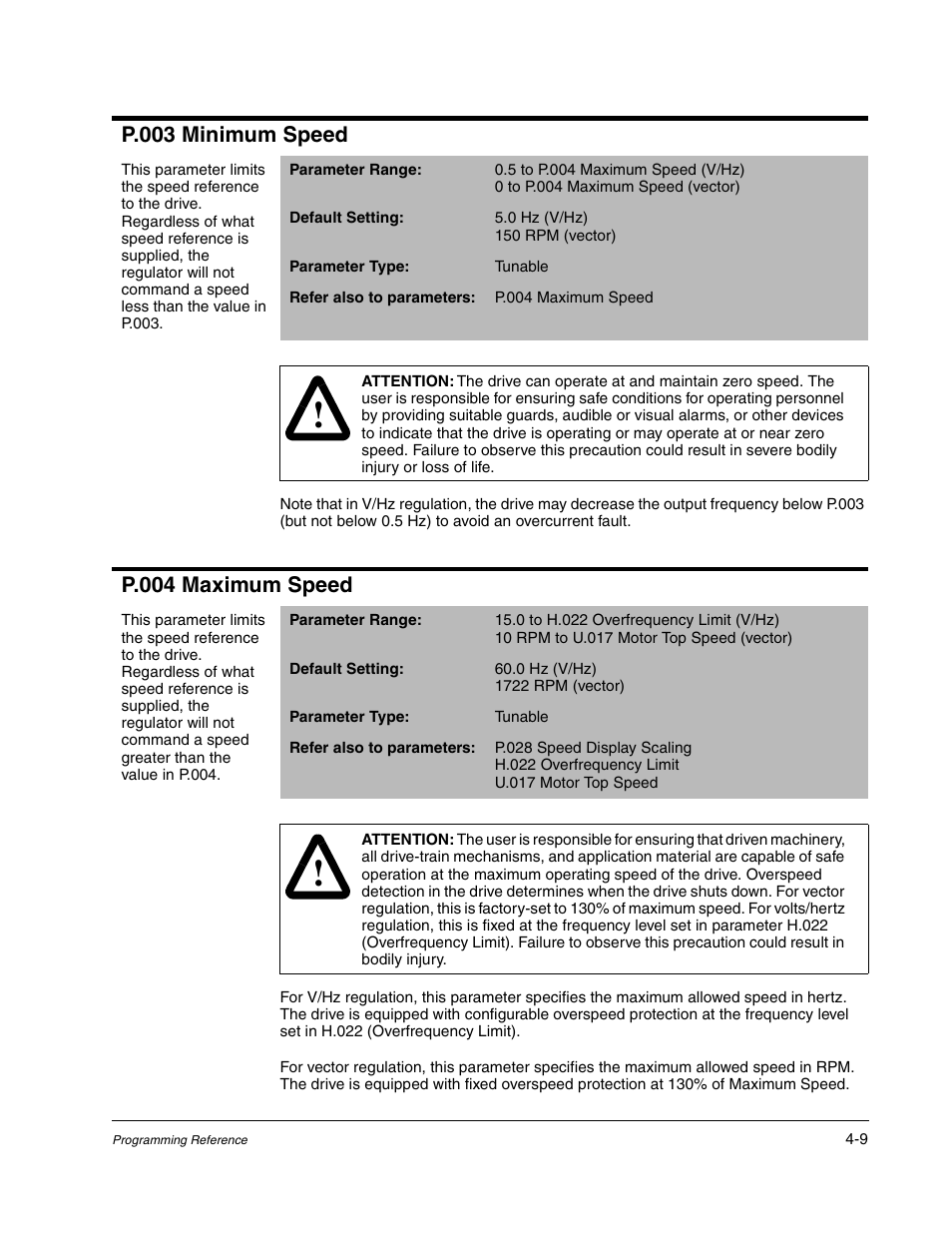 P.003 minimum speed, P.004 maximum speed | Rockwell Automation GV3000/SE AC Gen. Purpose and Vector Drive Software Start-Up and Ref. Manual User Manual | Page 95 / 232