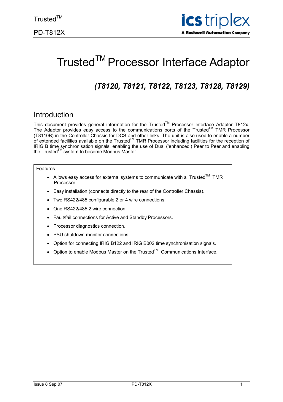 Rockwell Automation T812X Trusted Processor Interface Adaptor User Manual | 16 pages