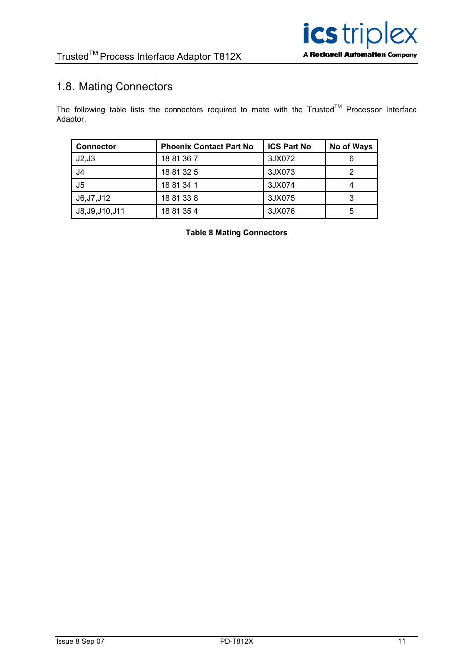 Mating connectors, Serial ports 2 and 3 connectors (j8 to j11), Trusted | Process interface adaptor t812x | Rockwell Automation T812X Trusted Processor Interface Adaptor User Manual | Page 11 / 16