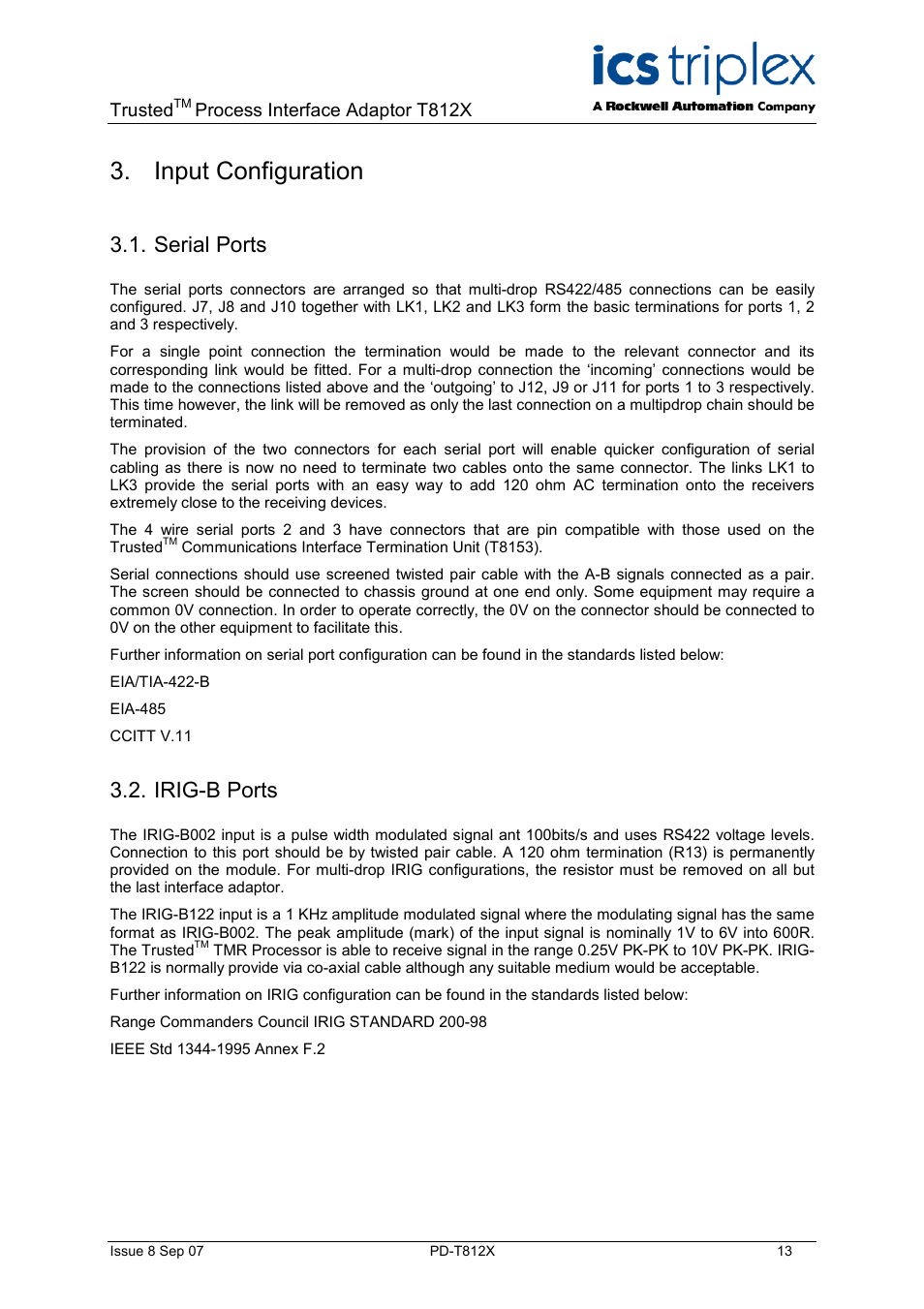 Input configuration, Serial ports, Irig-b ports | Installation | Rockwell Automation T812X Trusted Processor Interface Adaptor User Manual | Page 13 / 16