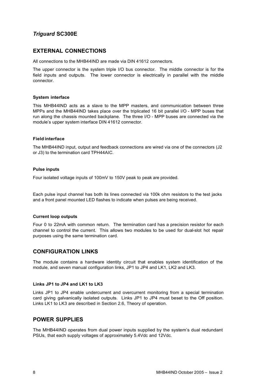 Triguard sc300e external connections, Configuration links, Power supplies | Rockwell Automation MHB44IND Pulse Input and Analogue Output Module User Manual | Page 8 / 20