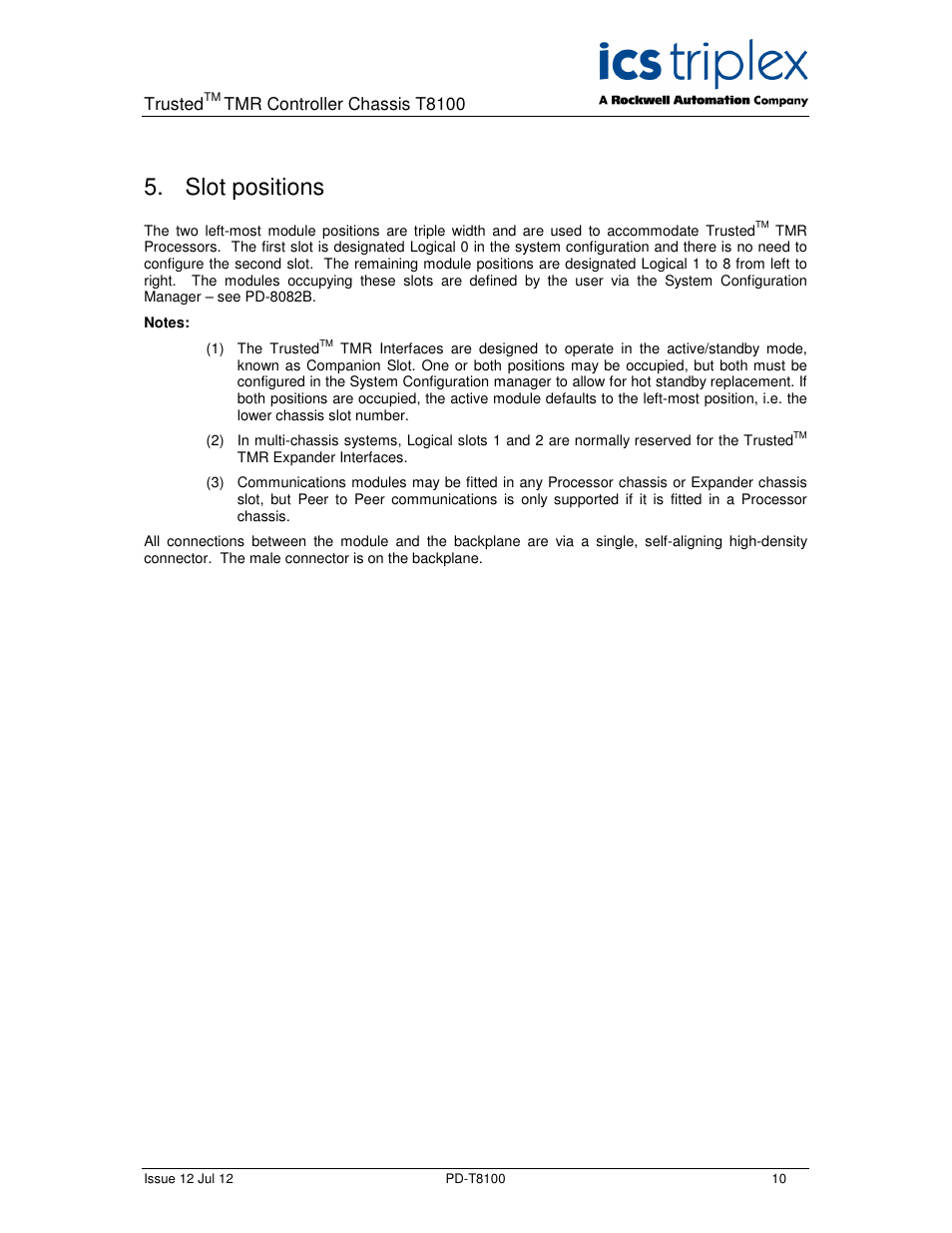 Slot positions | Rockwell Automation T8100 Trusted Controller Chassis User Manual | Page 10 / 17