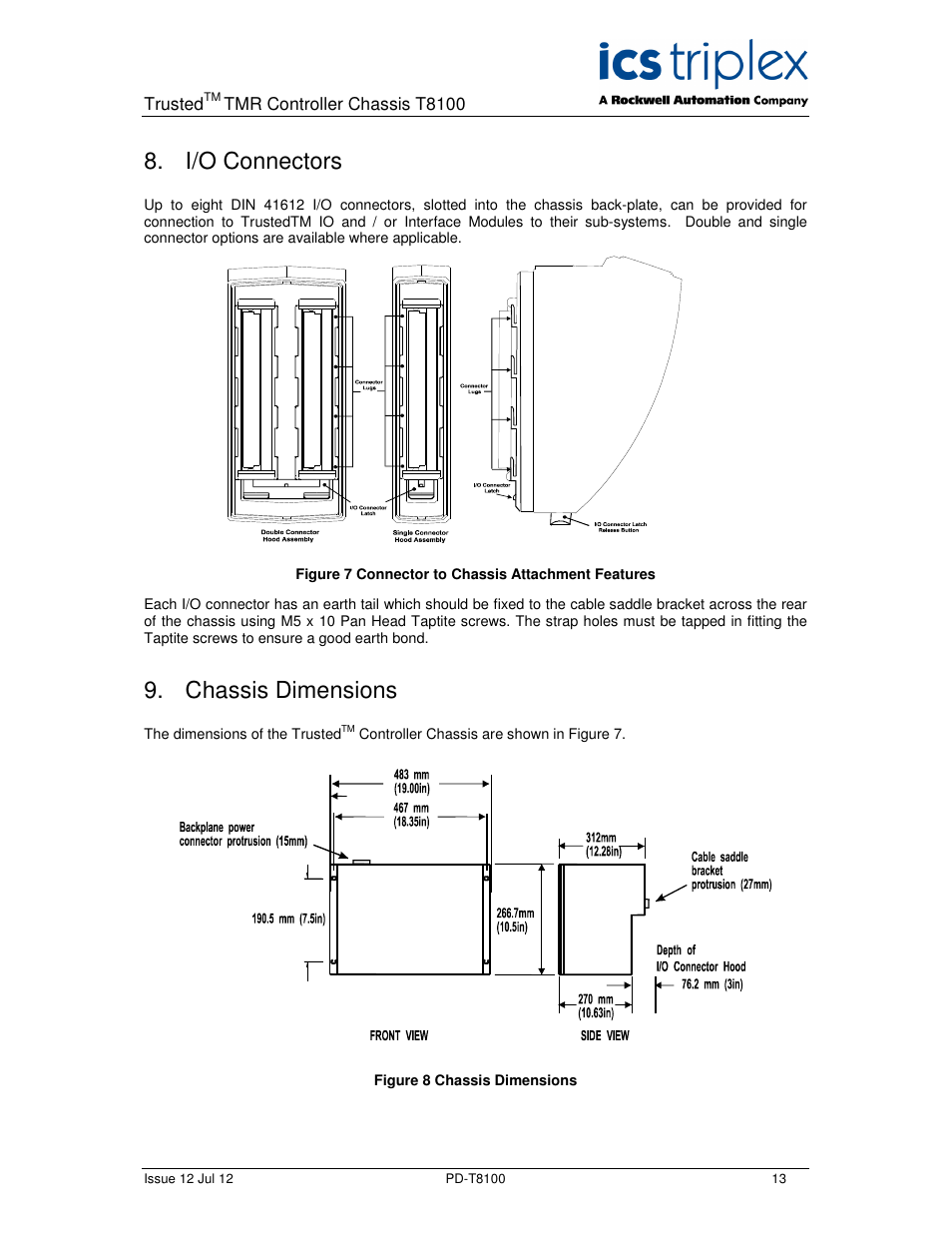 I/o connectors, Chassis dimensions | Rockwell Automation T8100 Trusted Controller Chassis User Manual | Page 13 / 17