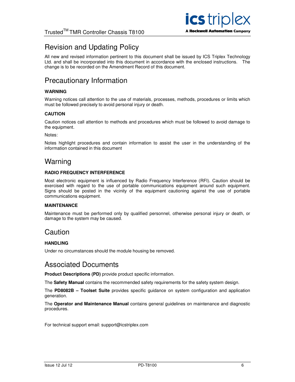 Revision and updating policy, Precautionary information, Warning | Caution, Associated documents | Rockwell Automation T8100 Trusted Controller Chassis User Manual | Page 6 / 17