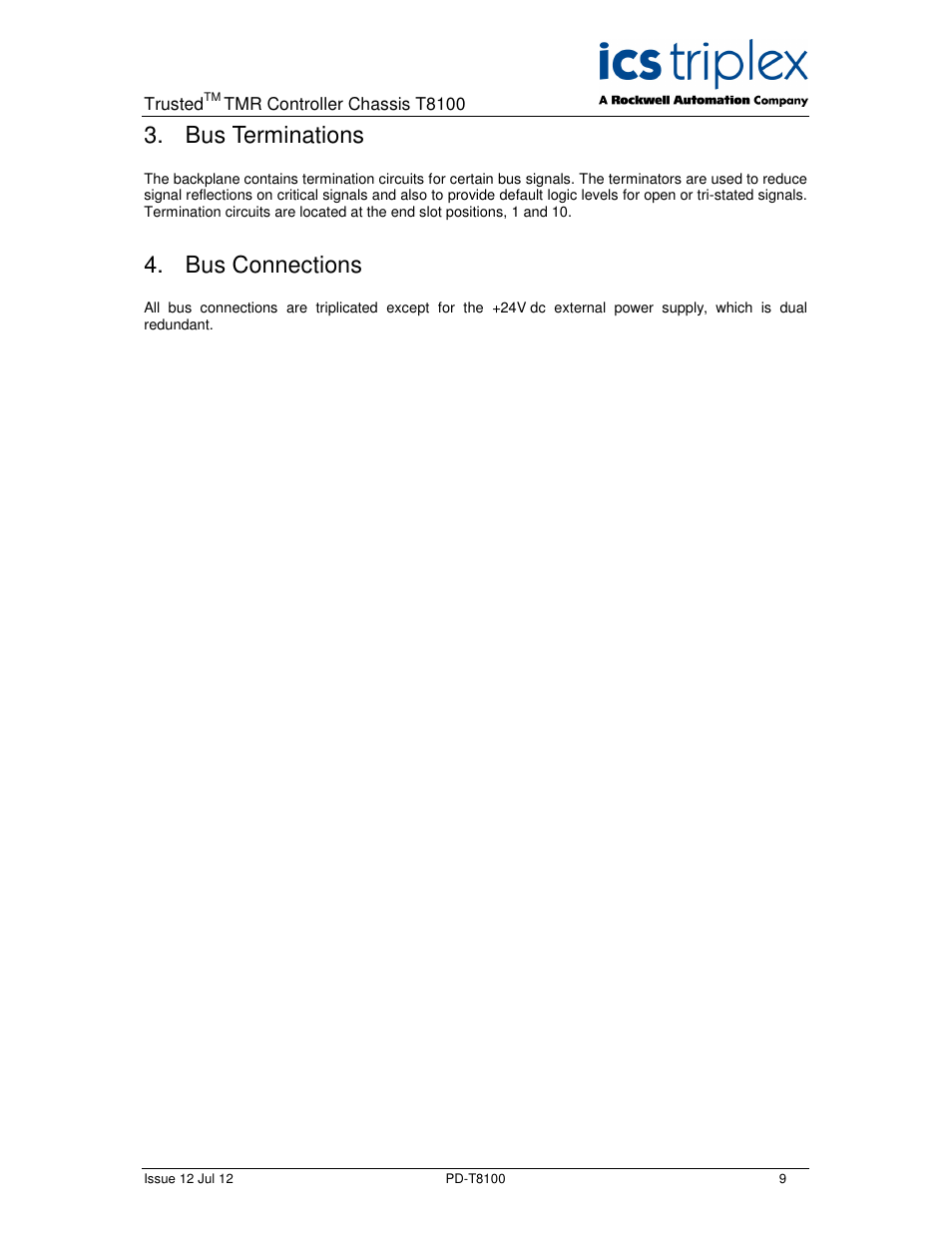 Bus terminations, Bus connections | Rockwell Automation T8100 Trusted Controller Chassis User Manual | Page 9 / 17