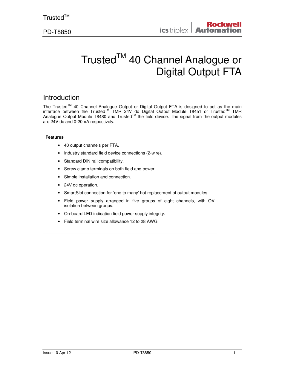 Rockwell Automation T8850 Trusted Analogue or Digital Output FTA User Manual | 14 pages