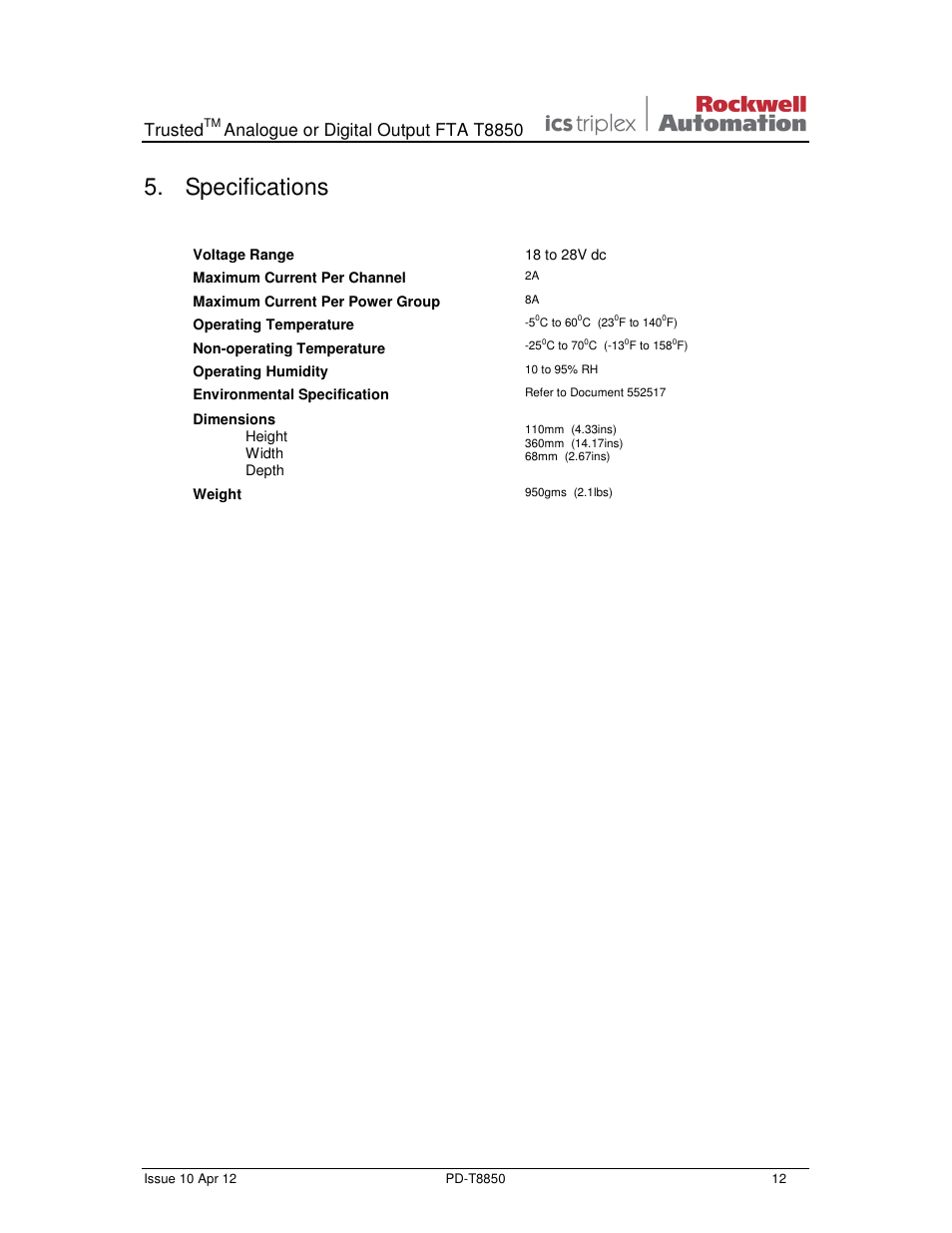 Specifications, Trusted, Analogue or digital output fta t8850 | Rockwell Automation T8850 Trusted Analogue or Digital Output FTA User Manual | Page 12 / 14