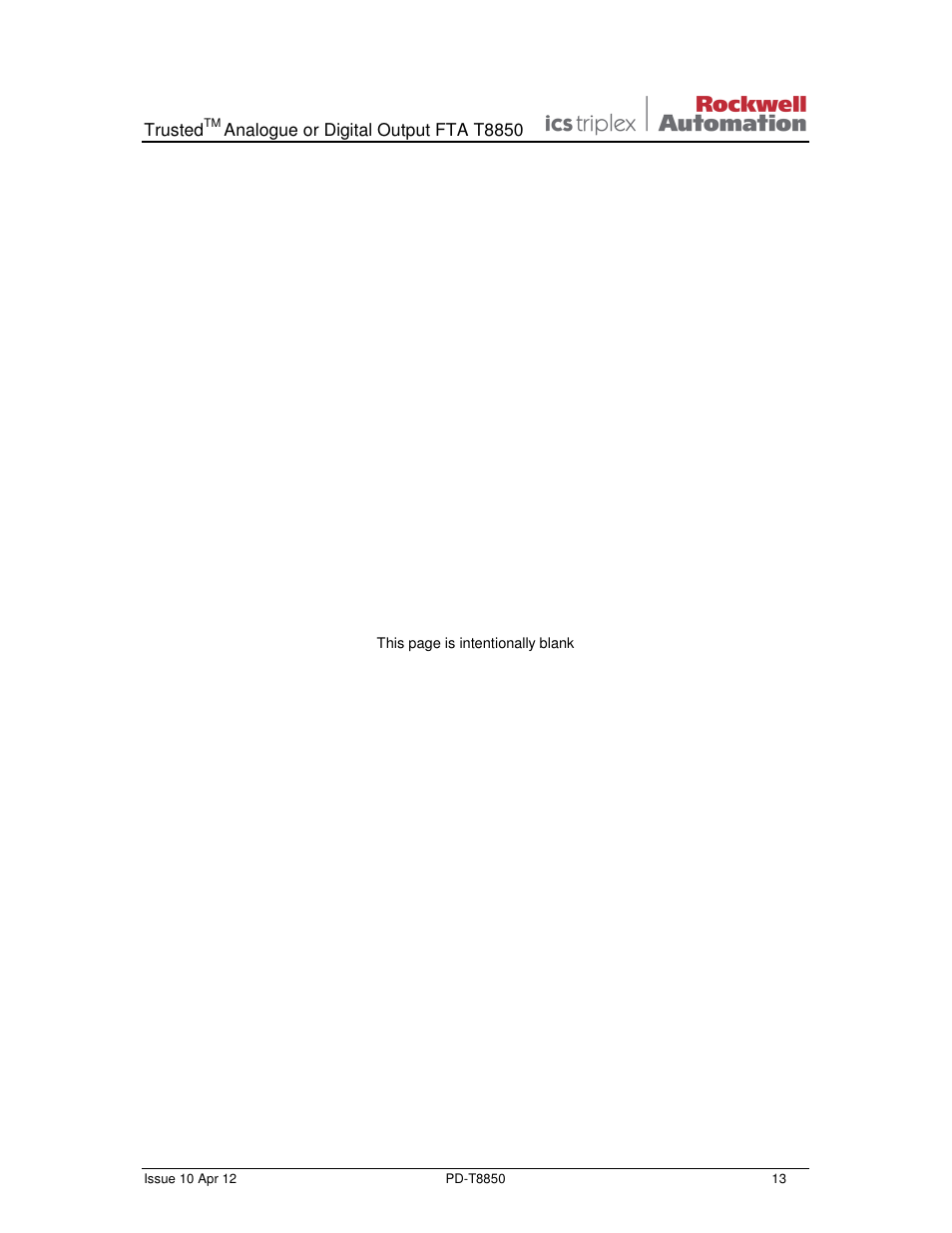 Rockwell Automation T8850 Trusted Analogue or Digital Output FTA User Manual | Page 13 / 14
