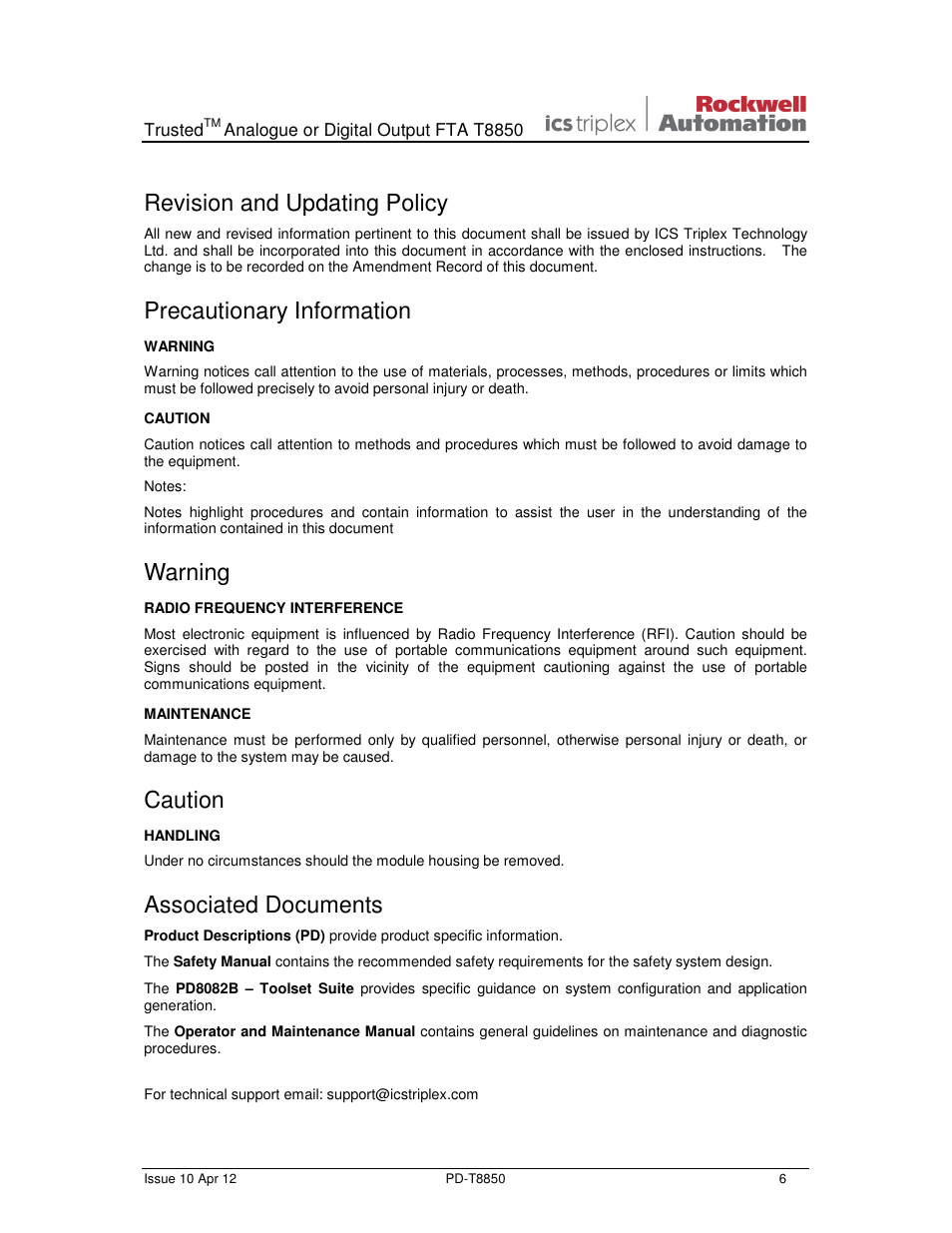Revision and updating policy, Precautionary information, Warning | Caution, Associated documents | Rockwell Automation T8850 Trusted Analogue or Digital Output FTA User Manual | Page 6 / 14
