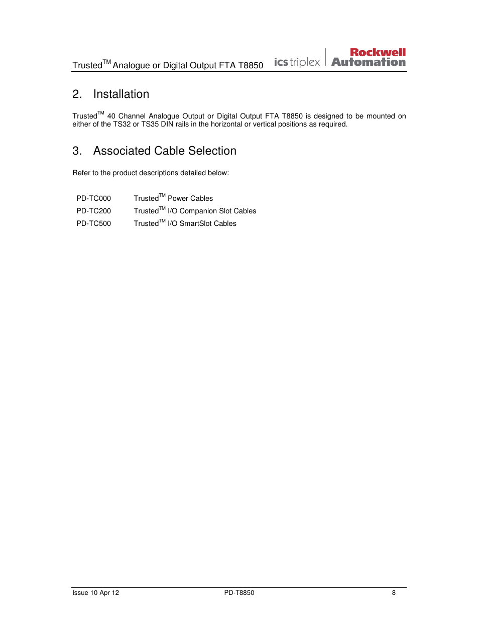 Installation, Associated cable selection | Rockwell Automation T8850 Trusted Analogue or Digital Output FTA User Manual | Page 8 / 14