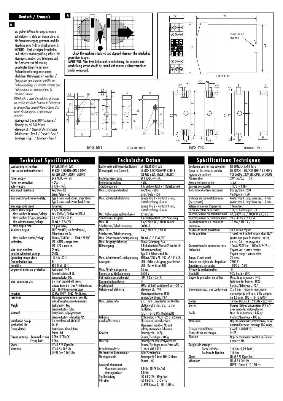 Spécifications techniques technische daten, Technical specifications, 6deutsch / français | Rockwell Automation Sipha Coded Magnetic Interlock Switch Control Unit User Manual | Page 3 / 4