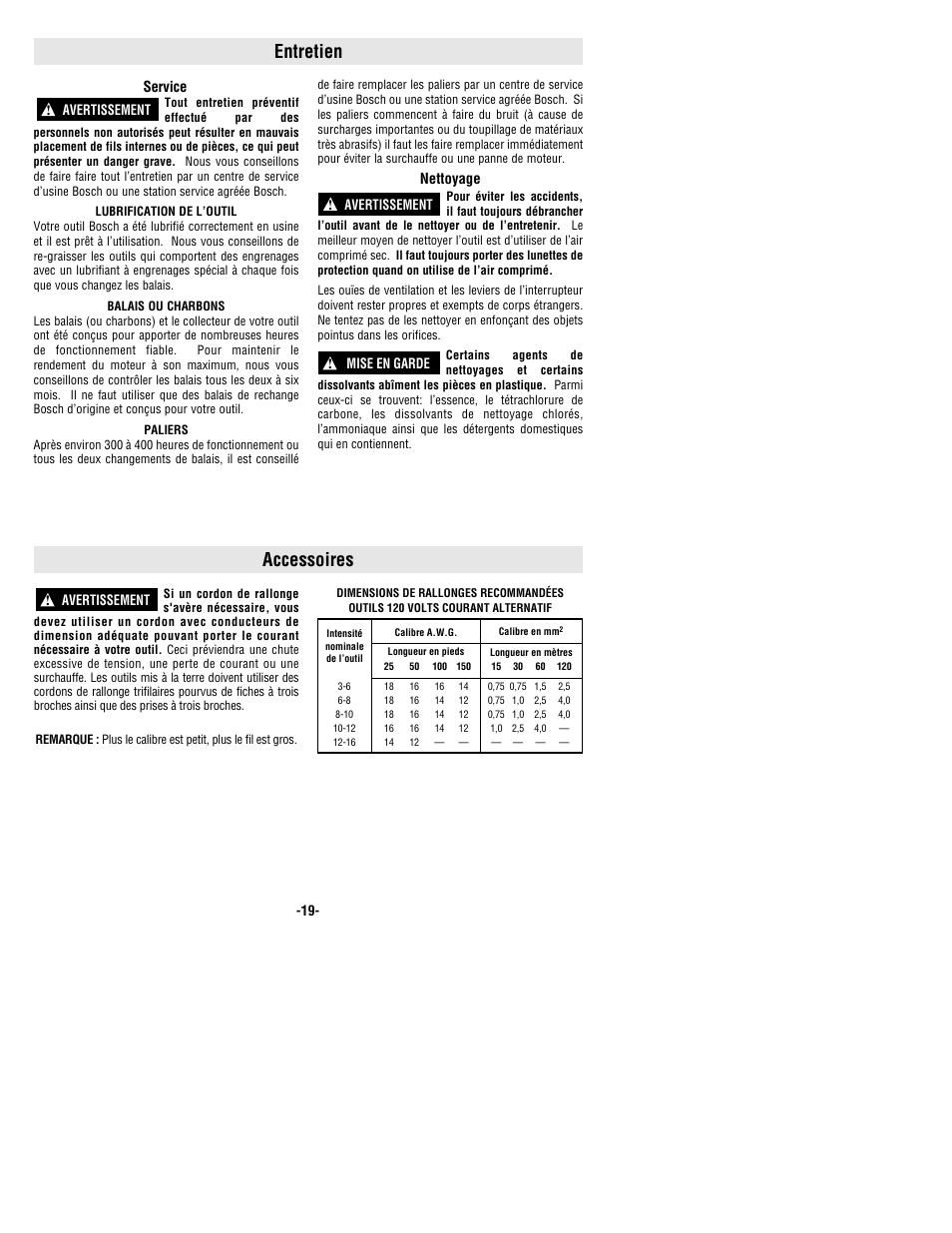 Entretien, Accessoires | Bosch 1011VSR User Manual | Page 19 / 32