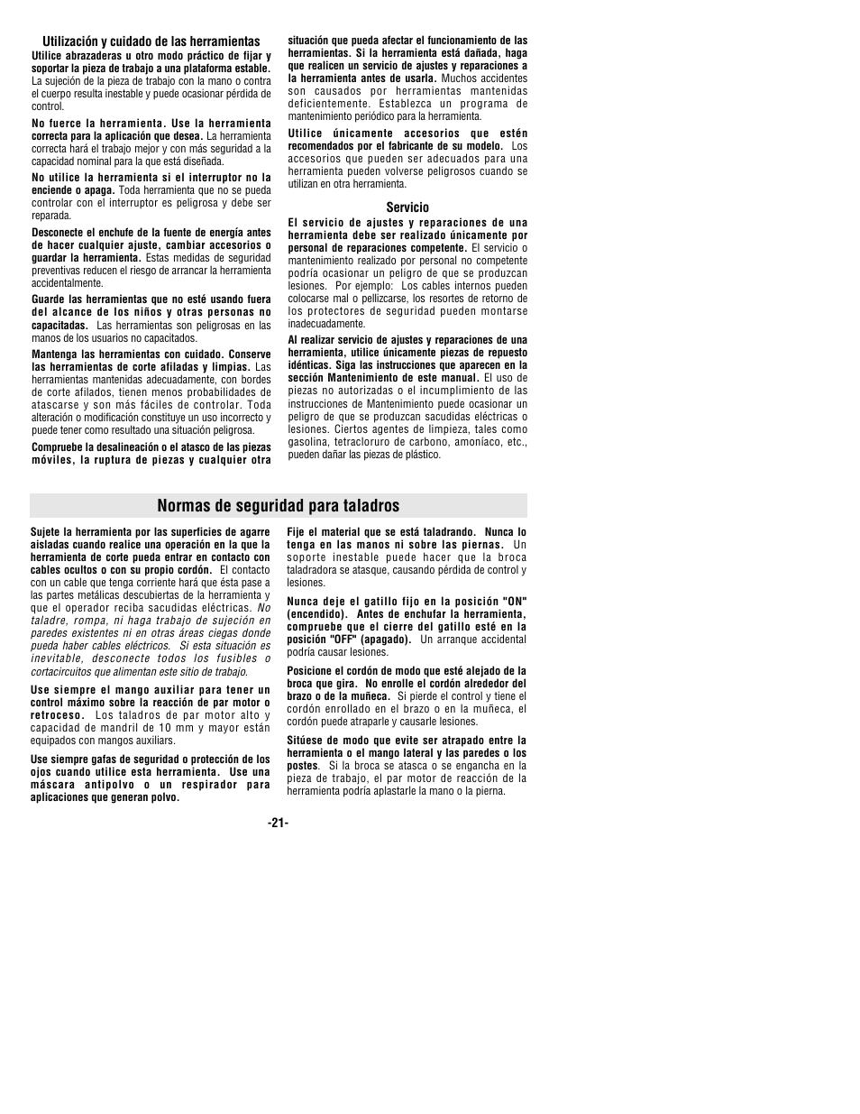 Normas de seguridad para taladros | Bosch 1011VSR User Manual | Page 21 / 32
