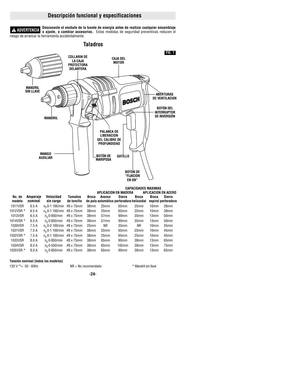 Descripción funcional y especificaciones, Taladros | Bosch 1011VSR User Manual | Page 24 / 32