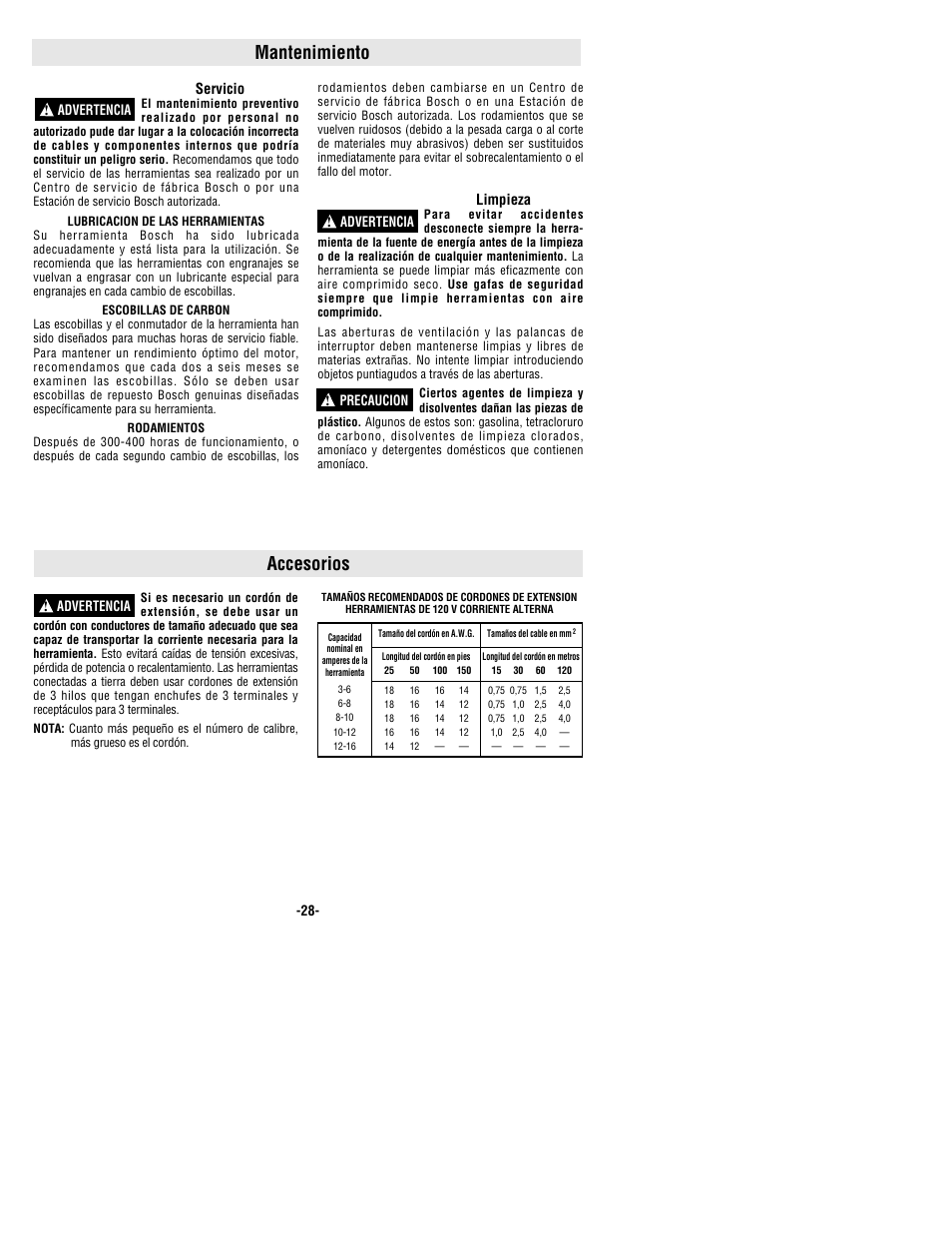 Mantenimiento, Accesorios | Bosch 1011VSR User Manual | Page 28 / 32