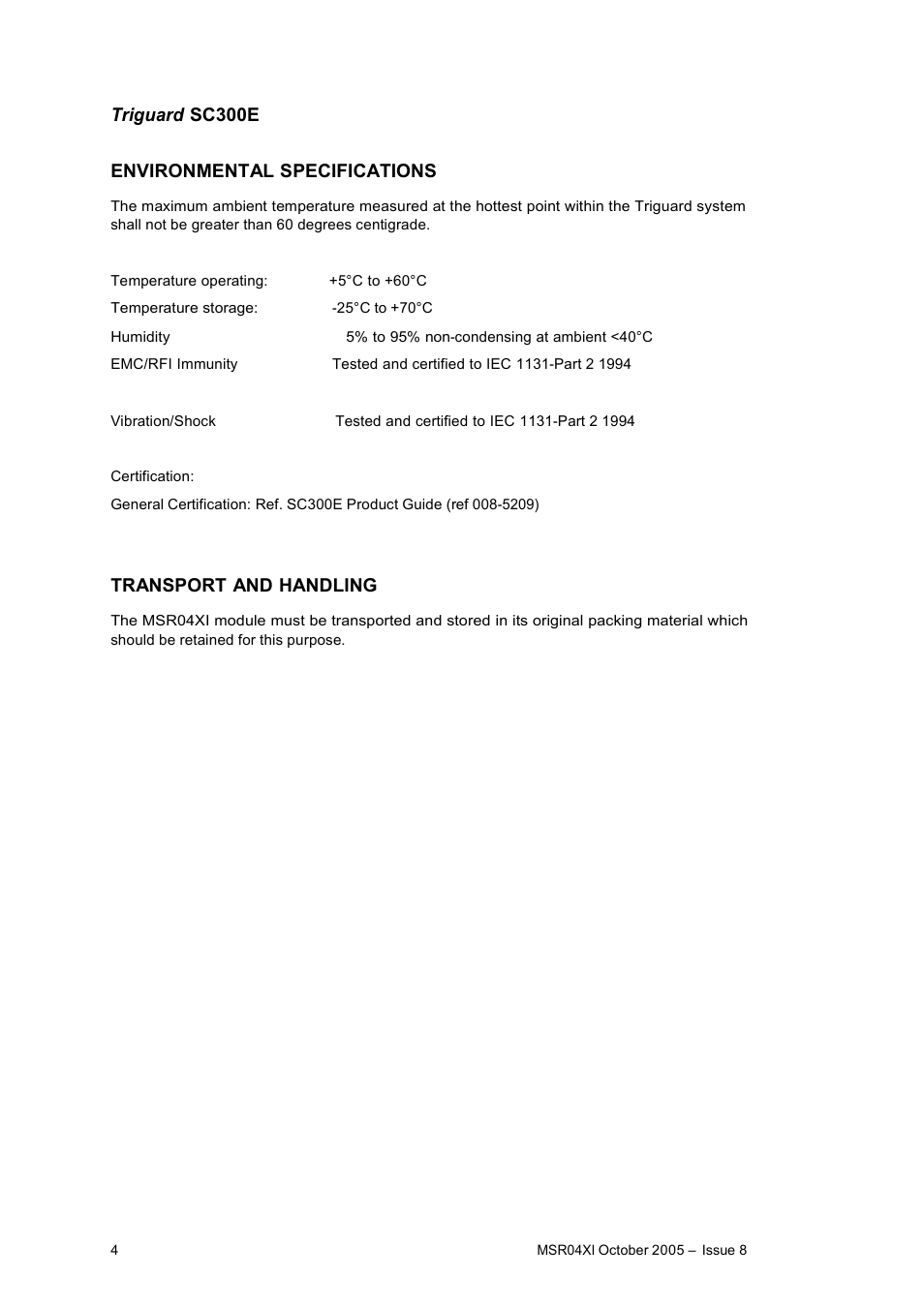 Triguard sc300e environmental specifications, Transport and handling | Rockwell Automation MSR04XI Serial Communications Module RS232 User Manual | Page 4 / 13