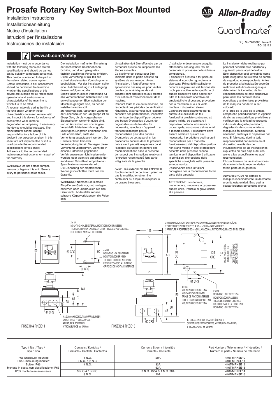 Rockwell Automation 440T Prosafe--Rotary Key Switch-RKSE User Manual | 4 pages