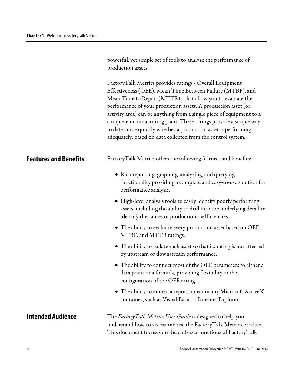 Features and benefits, Intended audience, E 10) | Features and benefits intended audience | Rockwell Automation FactoryTalk Metrics User Guide User Manual | Page 10 / 272