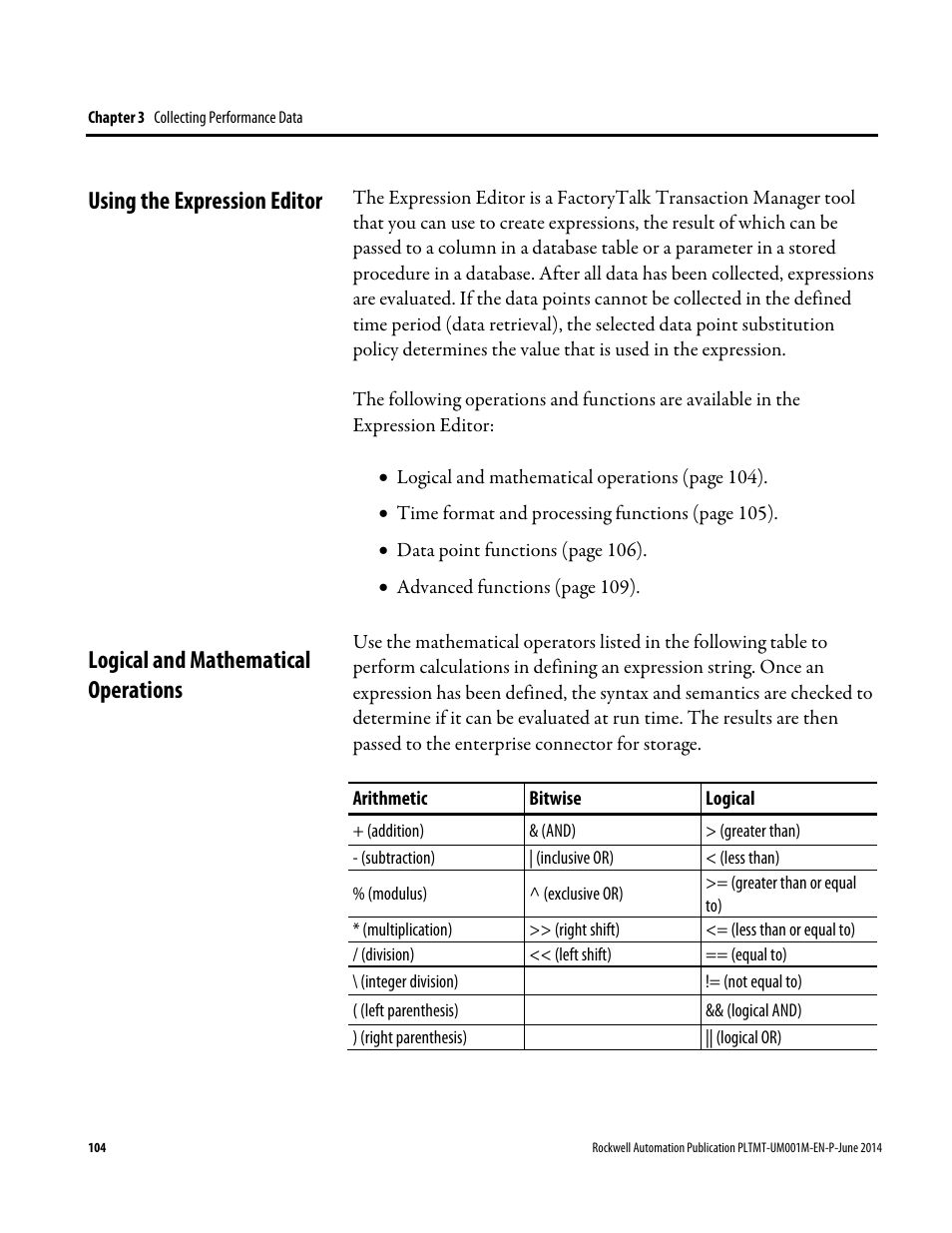 Using the expression editor, Logical and mathematical operations | Rockwell Automation FactoryTalk Metrics User Guide User Manual | Page 104 / 272