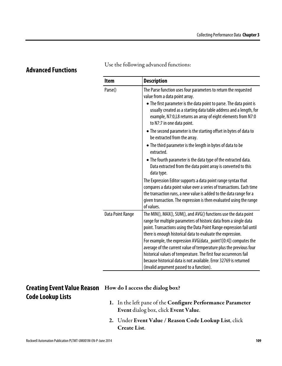 Advanced functions, Creating event value reason code lookup lists, E 109) | Rockwell Automation FactoryTalk Metrics User Guide User Manual | Page 109 / 272