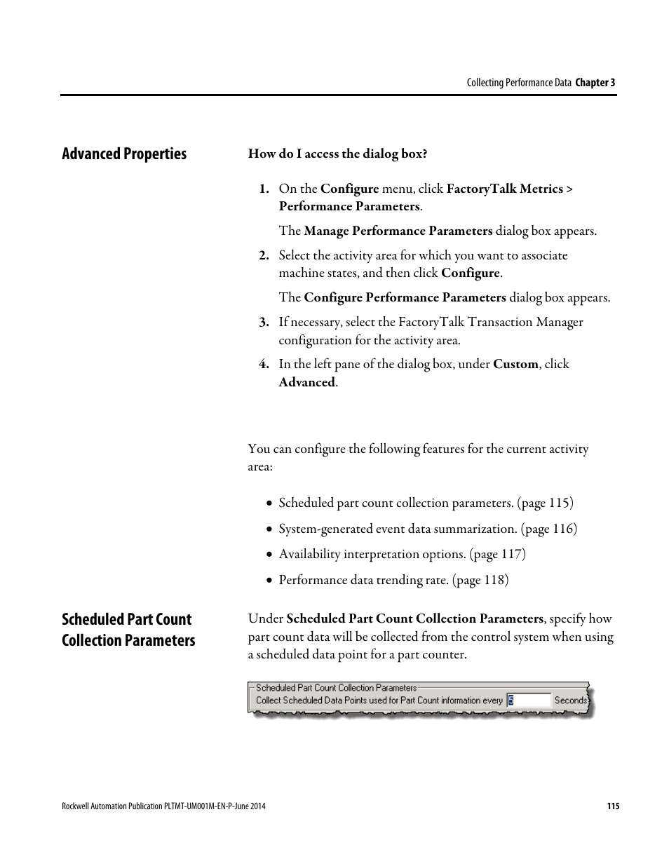 Advanced properties, Scheduled part count collection parameters | Rockwell Automation FactoryTalk Metrics User Guide User Manual | Page 115 / 272