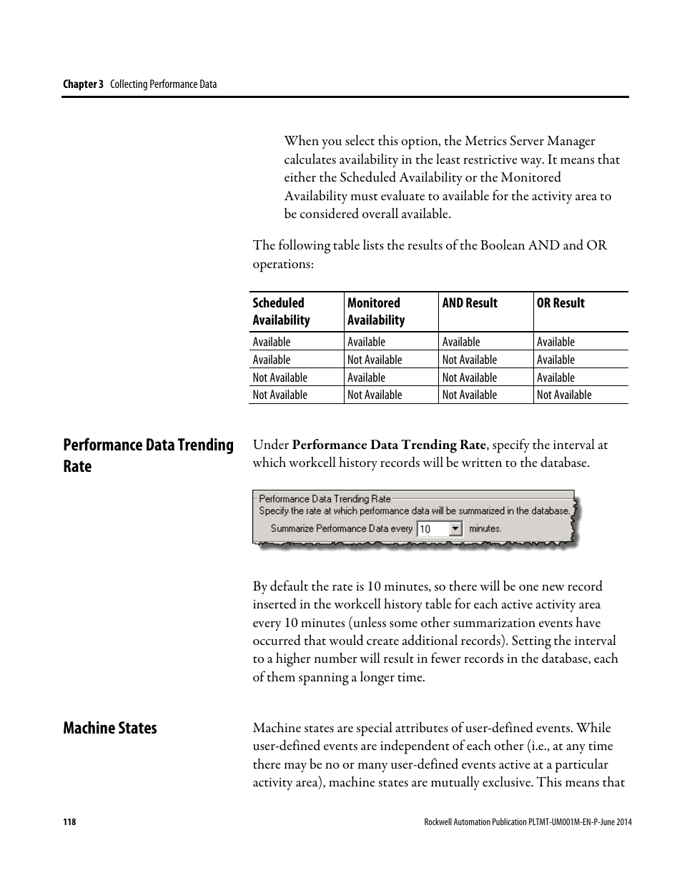 Performance data trending rate, Machine states, Performance data trending rate machine states | Rockwell Automation FactoryTalk Metrics User Guide User Manual | Page 118 / 272