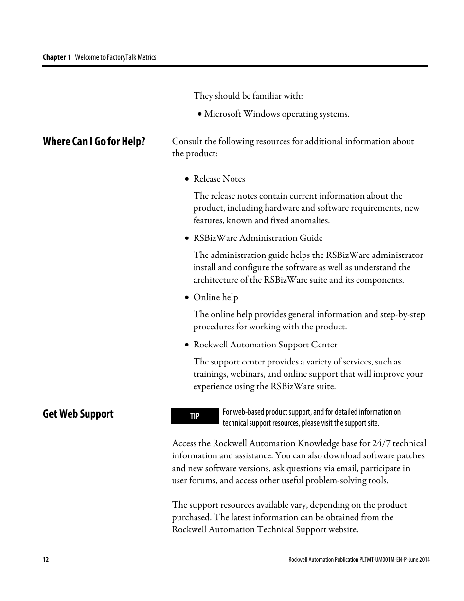 Where can i go for help, Get web support, Where can i go for help? get web support | Rockwell Automation FactoryTalk Metrics User Guide User Manual | Page 12 / 272