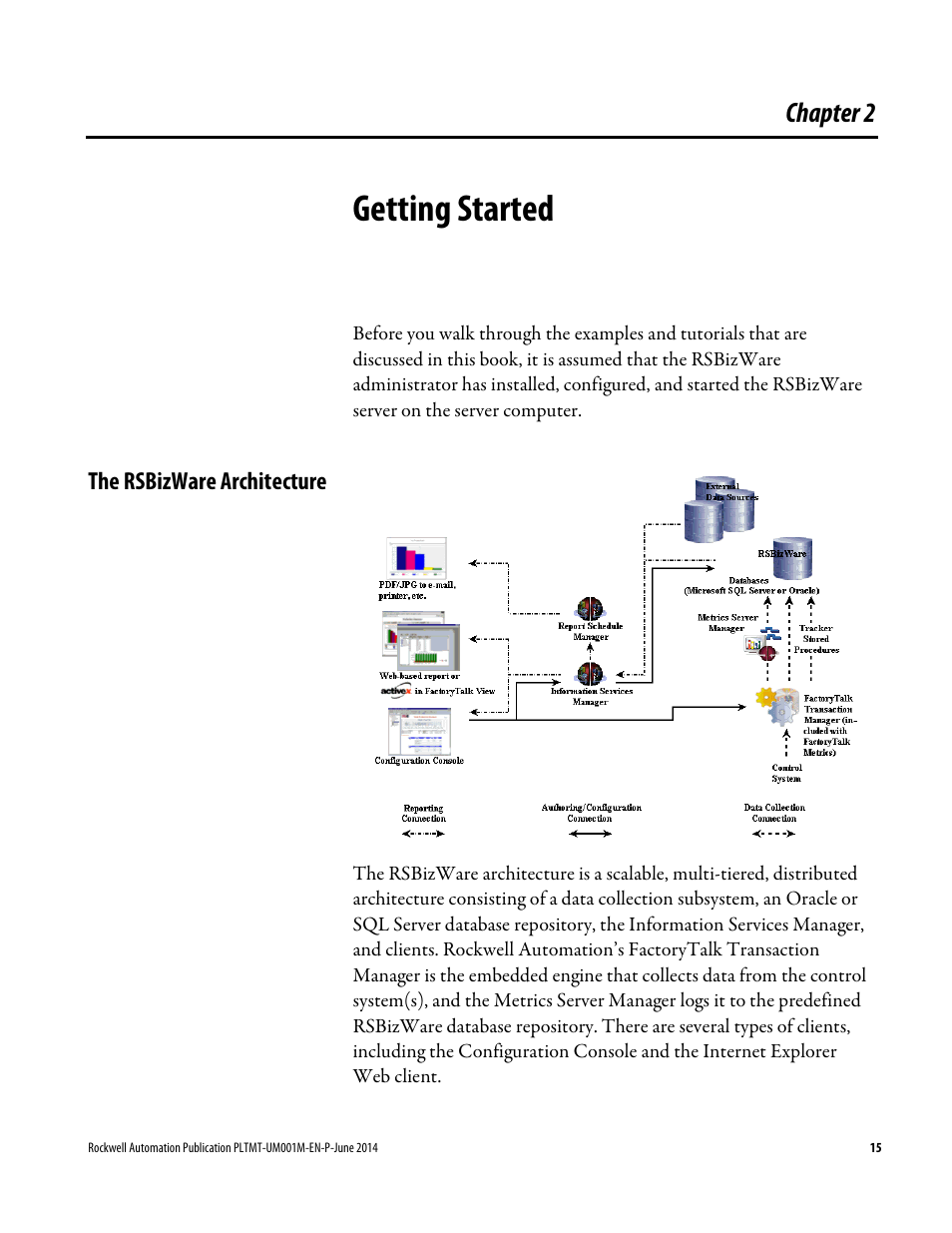 Getting started, The rsbizware architecture, Chapter 2 | Rockwell Automation FactoryTalk Metrics User Guide User Manual | Page 15 / 272