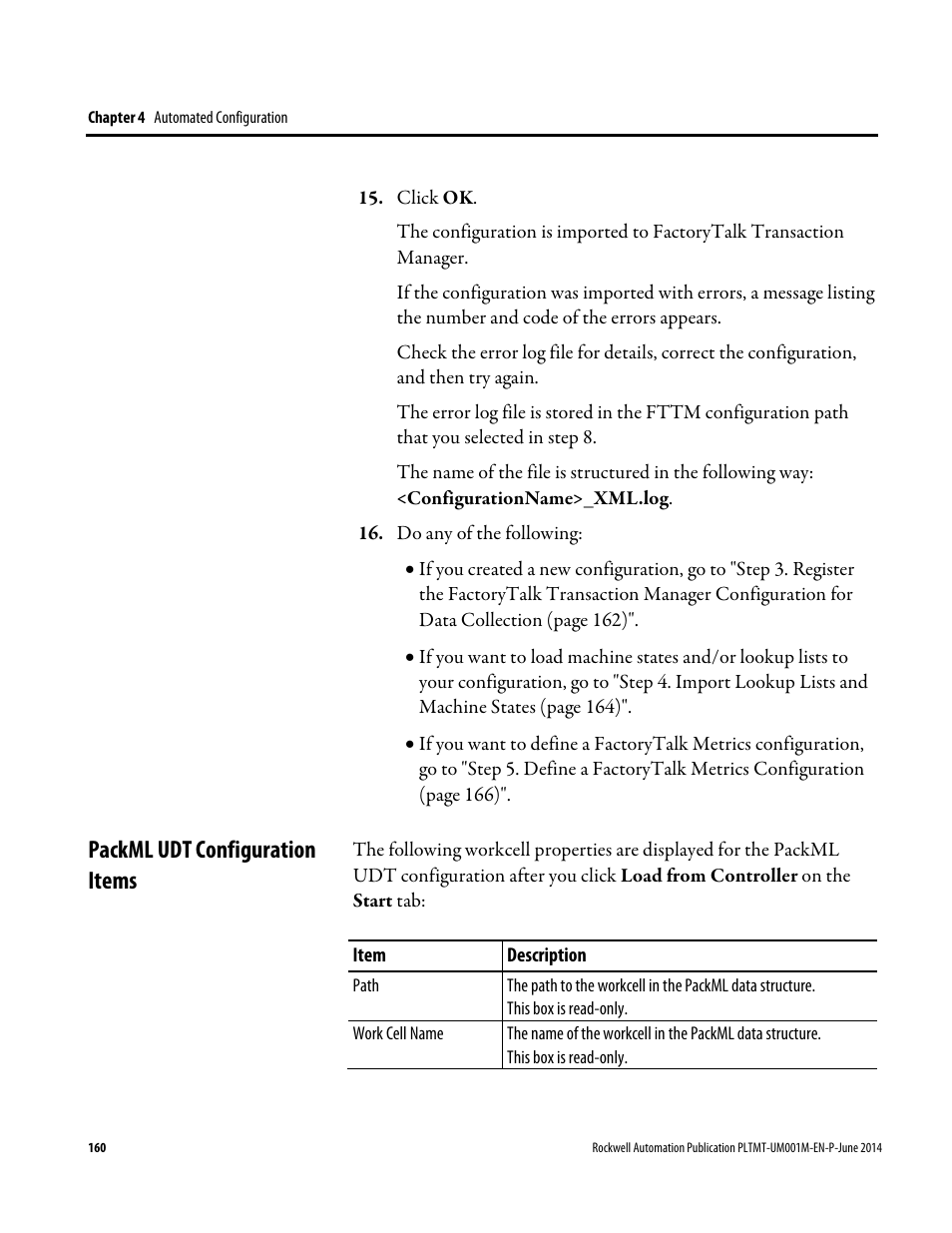 Packml udt configuration items, E 160) | Rockwell Automation FactoryTalk Metrics User Guide User Manual | Page 160 / 272