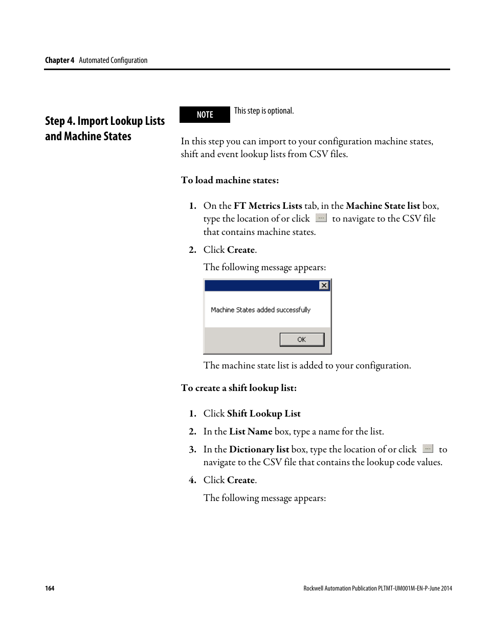 Step 4. import lookup lists and machine states, E 164) | Rockwell Automation FactoryTalk Metrics User Guide User Manual | Page 164 / 272