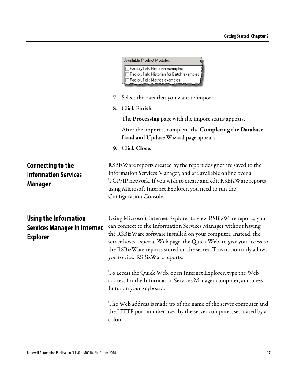 Connecting to the information services manager | Rockwell Automation FactoryTalk Metrics User Guide User Manual | Page 17 / 272